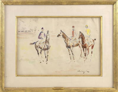 DENES DE HOLESCH, New York/Hungary, 1910-1983,: DENES DE HOLESCHNew York/Hungary, 1910-1983Equestrian scene. Signed lower right &quot;Holesch&quot;.Watercolor on paper, 13&quot; x 19&quot; sight. Framed 21&quot; x 27&quot;.