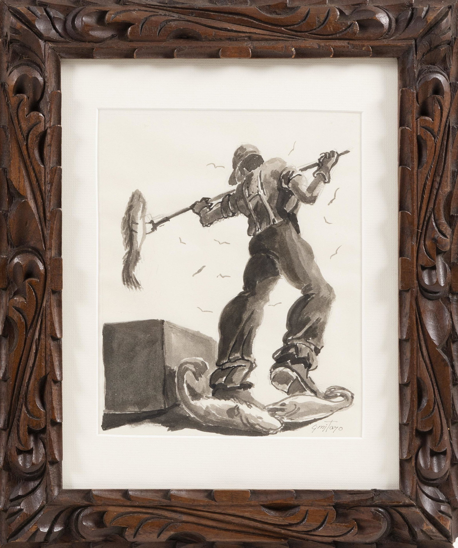 FRAMED WATERCOLOR OF A SPEAR FISHERMAN 20th Century: FRAMED WATERCOLOR OF A SPEAR FISHERMAN 20th Century En grisaille. Signed lower right "G. Mita 70" or "G. Mitaro". Housed in a carved wood frame. 10" x 8" sight. Framed 17" x 14".
