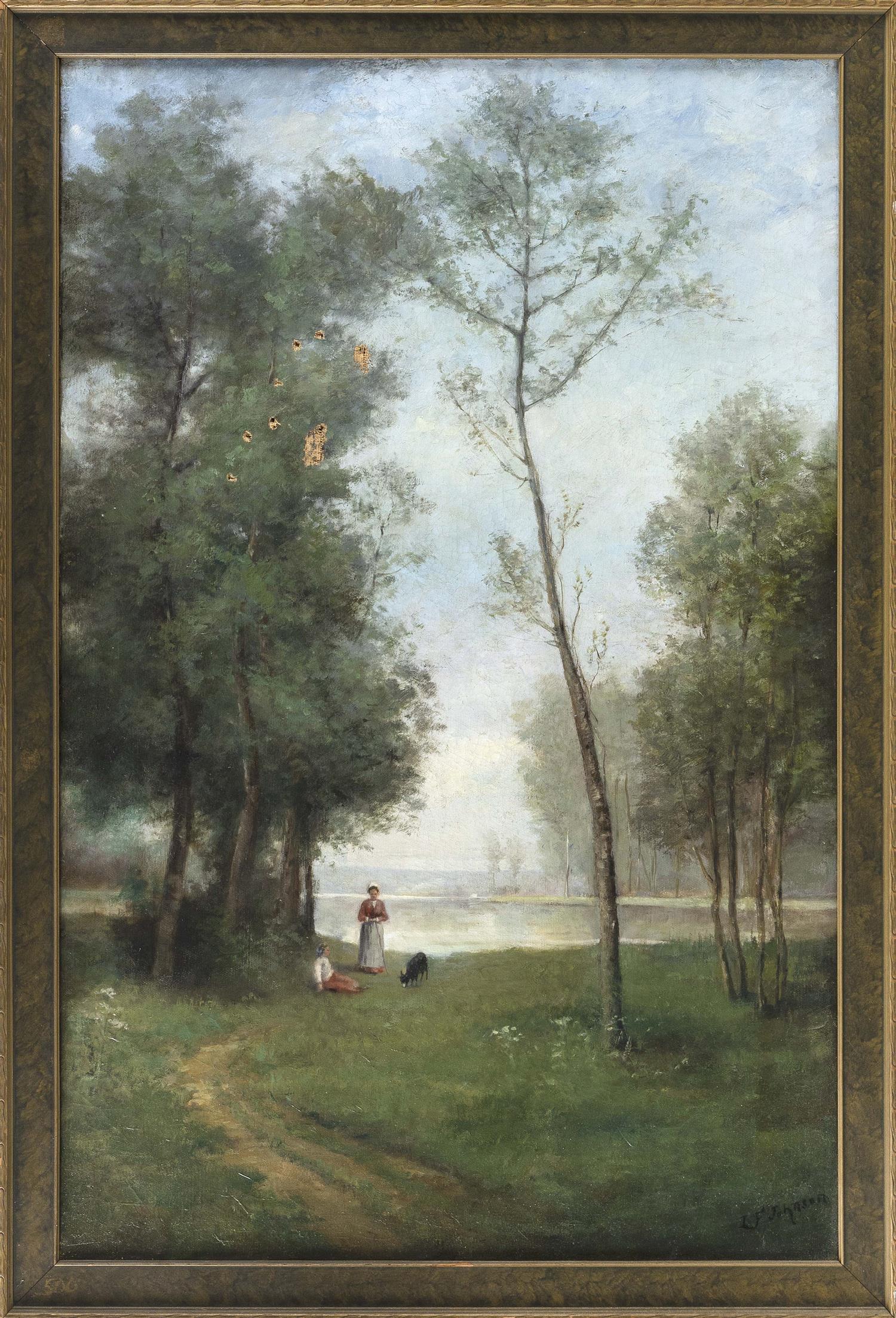 AMERICAN SCHOOL, 19th Century, Figures by a tree-lined (1 of 3)