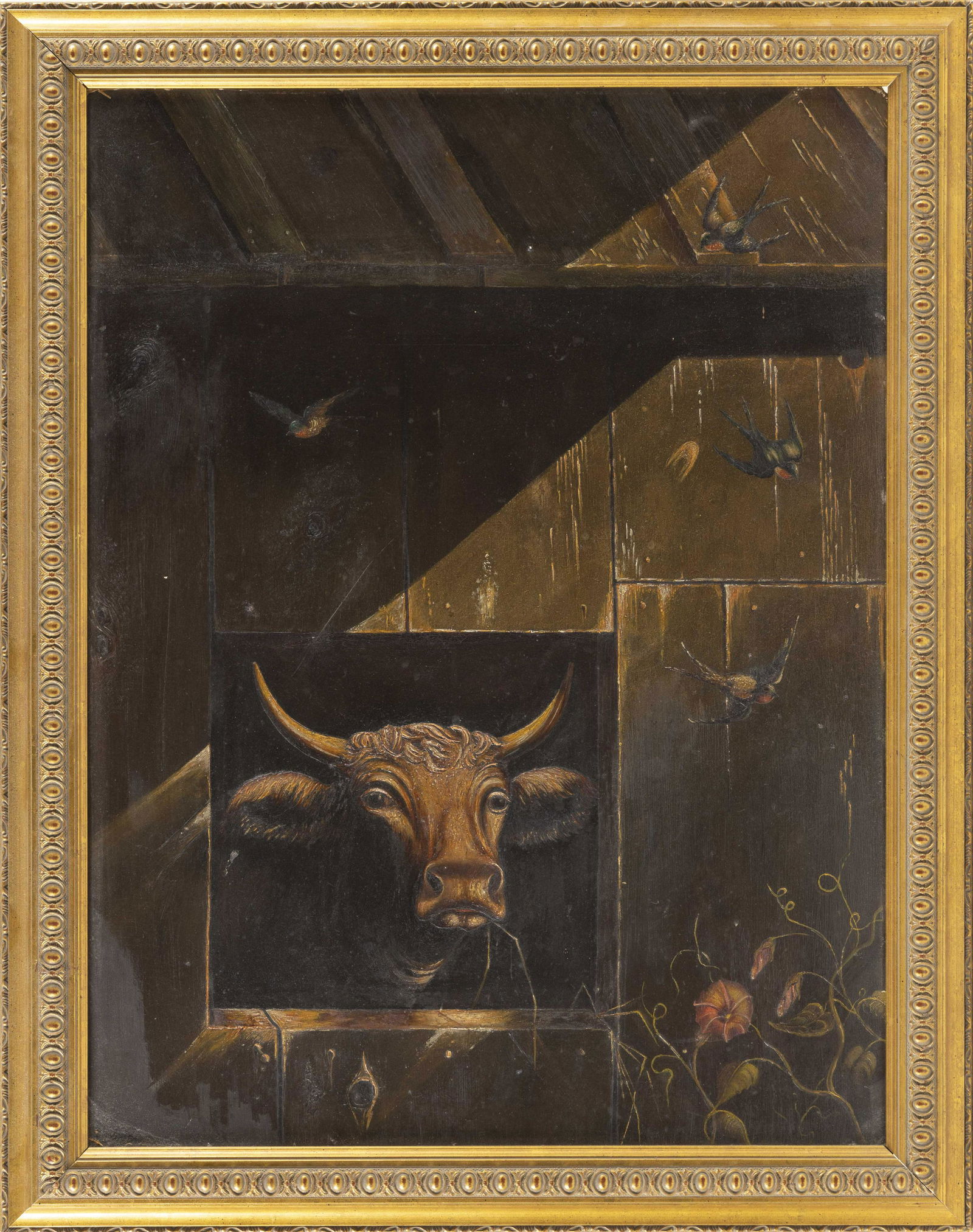 AMERICAN SCHOOL (19th Century), A cow peeking through a (1 of 2)