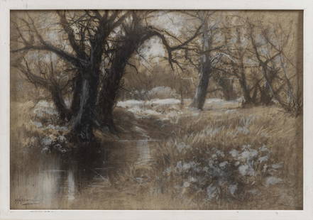 FRANCIS HOPKINSON SMITH (New York/Maryland, 1838-1915),: FRANCIS HOPKINSON SMITHNew York/Maryland, 1838-1915Winter landscape with stream. Signed lower left "F. Hopkinson Smith".Charcoal on paper, 19.5" x 28.5". Framed 21.5" x 31.5&q