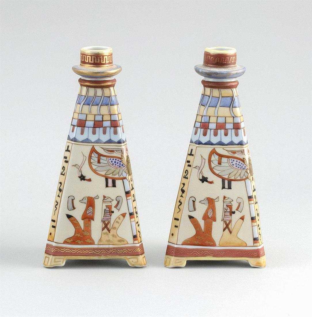 PAIR OF NIPPON PORCELAIN CANDLESTICKS In pyramid form, (1 of 4)
