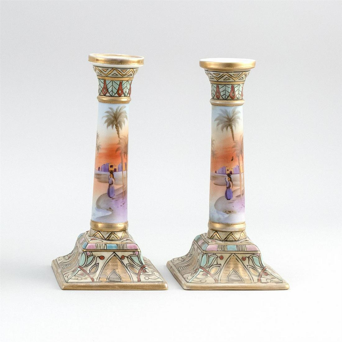 PAIR OF NIPPON PORCELAIN CANDLESTICKS With Egyptian (1 of 3)