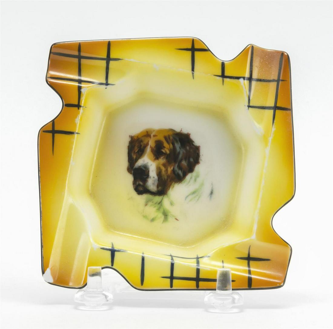 NORITAKE PORCELAIN ASHTRAY Square, with dog decoration.: NORITAKE PORCELAIN ASHTRAY Square, with dog decoration. 4" x 4".