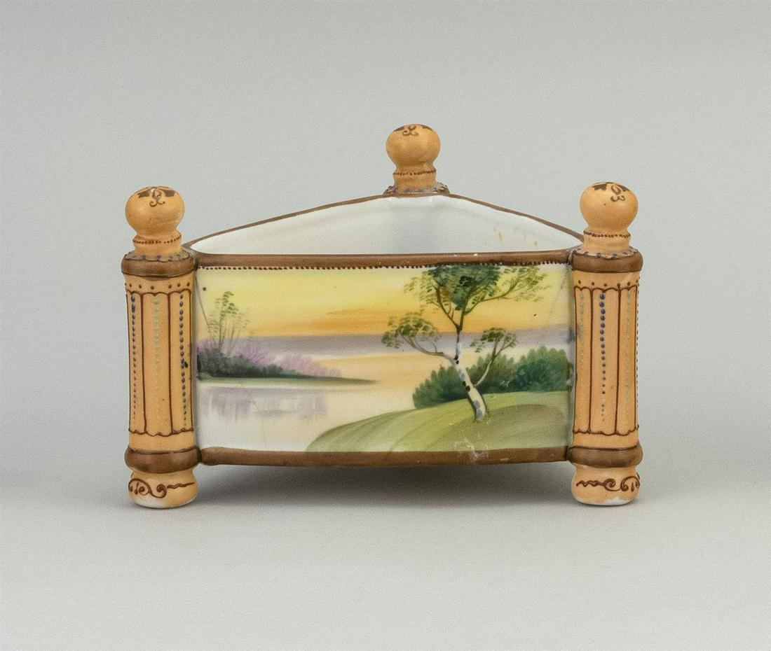 NIPPON PORCELAIN TRIANGULAR FERNER With decoration of a: NIPPON PORCELAIN TRIANGULAR FERNER With decoration of a lakeside scene. Van Patten #57 mark on base. Lengths of each side 6".
