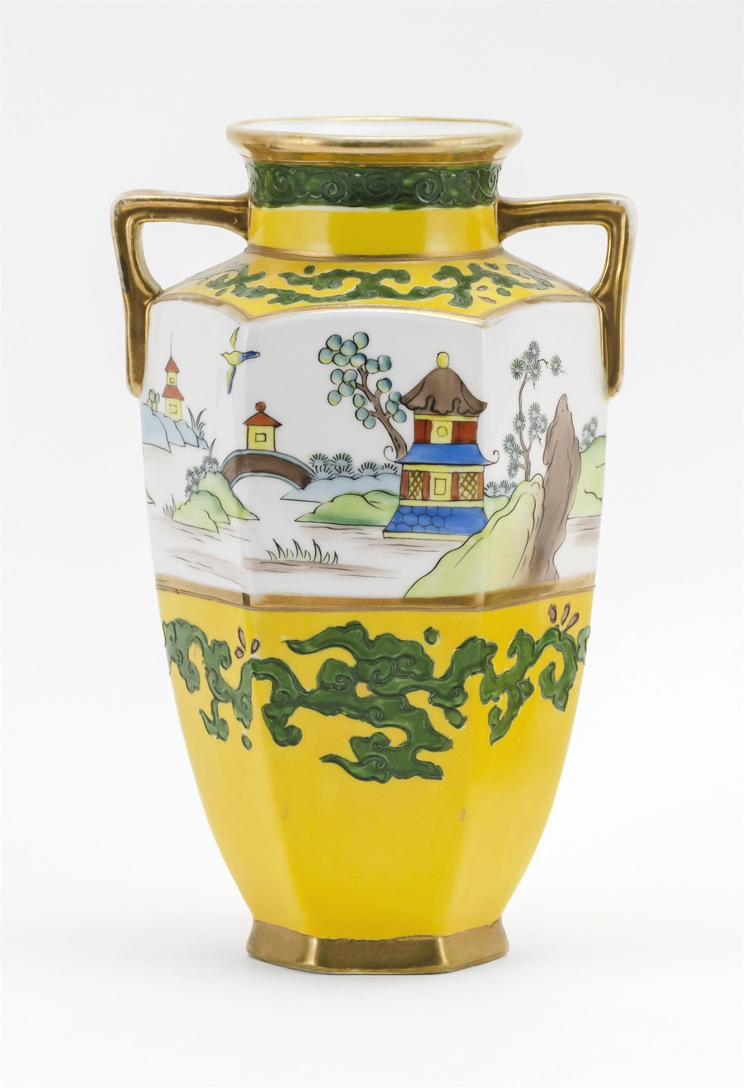 NIPPON PORCELAIN VASE Hexagonal, with chinoiserie (1 of 3)