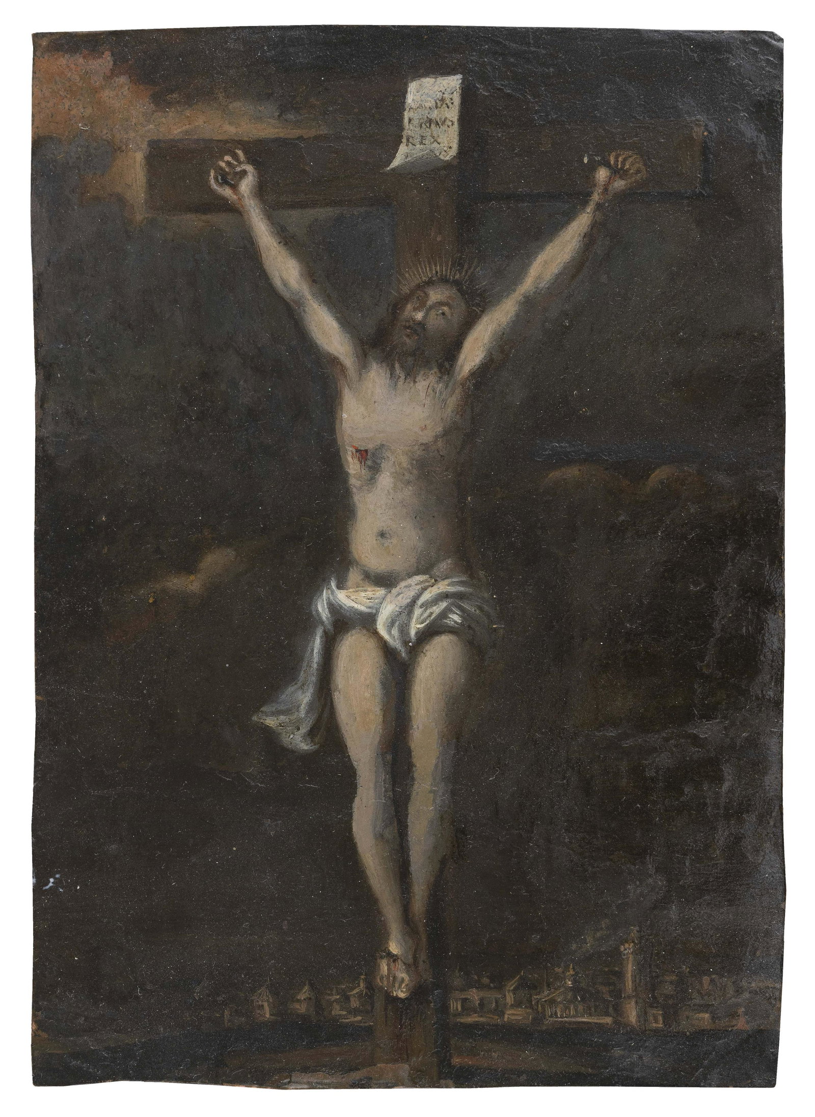 CONTINENTAL SCHOOL (Late 17th/Early 18th Century),: CONTINENTAL SCHOOL Late 17th/Early 18th Century Crucifixion. Illegible inscription on the reverse. Oil on copper, 8" x 5.5". Unframed.