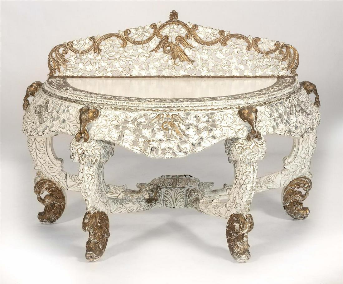 HEAVILY AND ORNATELY CARVED DEMILUNE TABLE Painted (1 of 2)