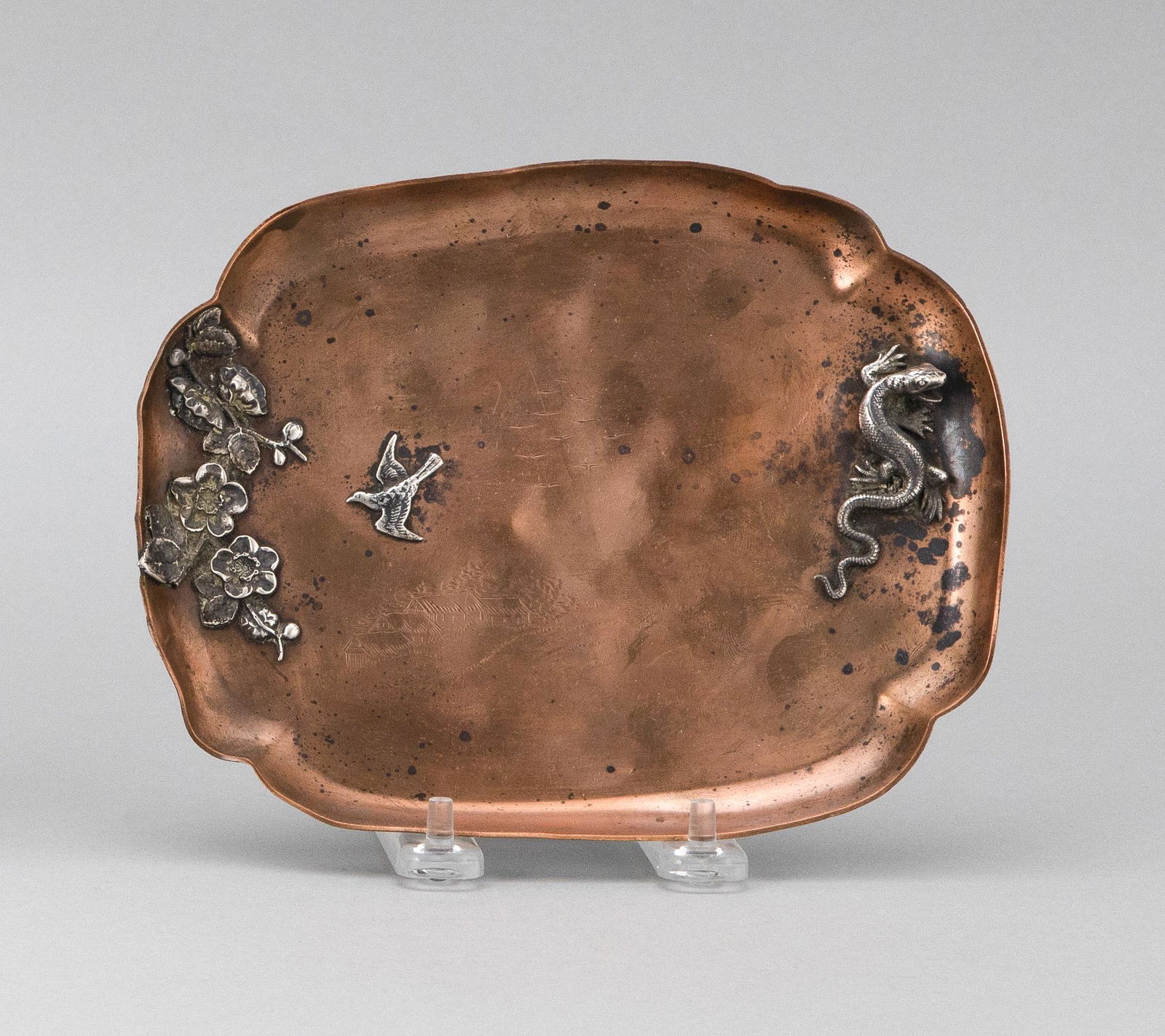 GORHAM JAPONESQUE MIXED METAL VIDE POCHE Providence,: GORHAM JAPONESQUE MIXED METAL VIDE POCHEProvidence, Rhode Island, 1882Cut-corner copper tray engraved with village roofs and birds. Applied silver flowering prunus branches, bird and lizard. Factory s