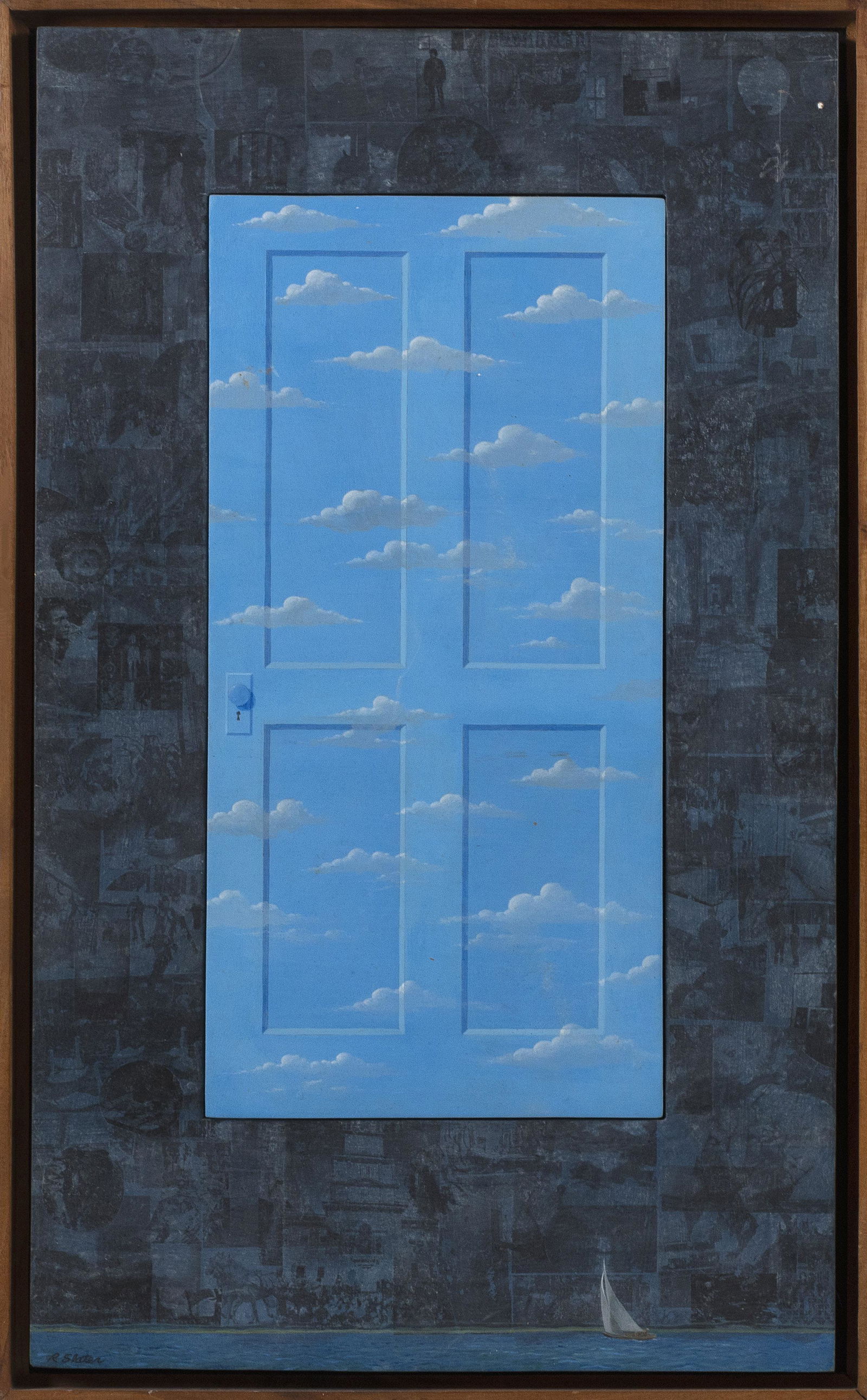 RODERICK SLATER (Maine, b. 1937), "The Other Side".,: RODERICK SLATERMaine, b. 1937"The Other Side". Signed lower left "R. Slater". Titled verso.Oil on masonite, 18" x 9.5". Framed 25" x 15.5".