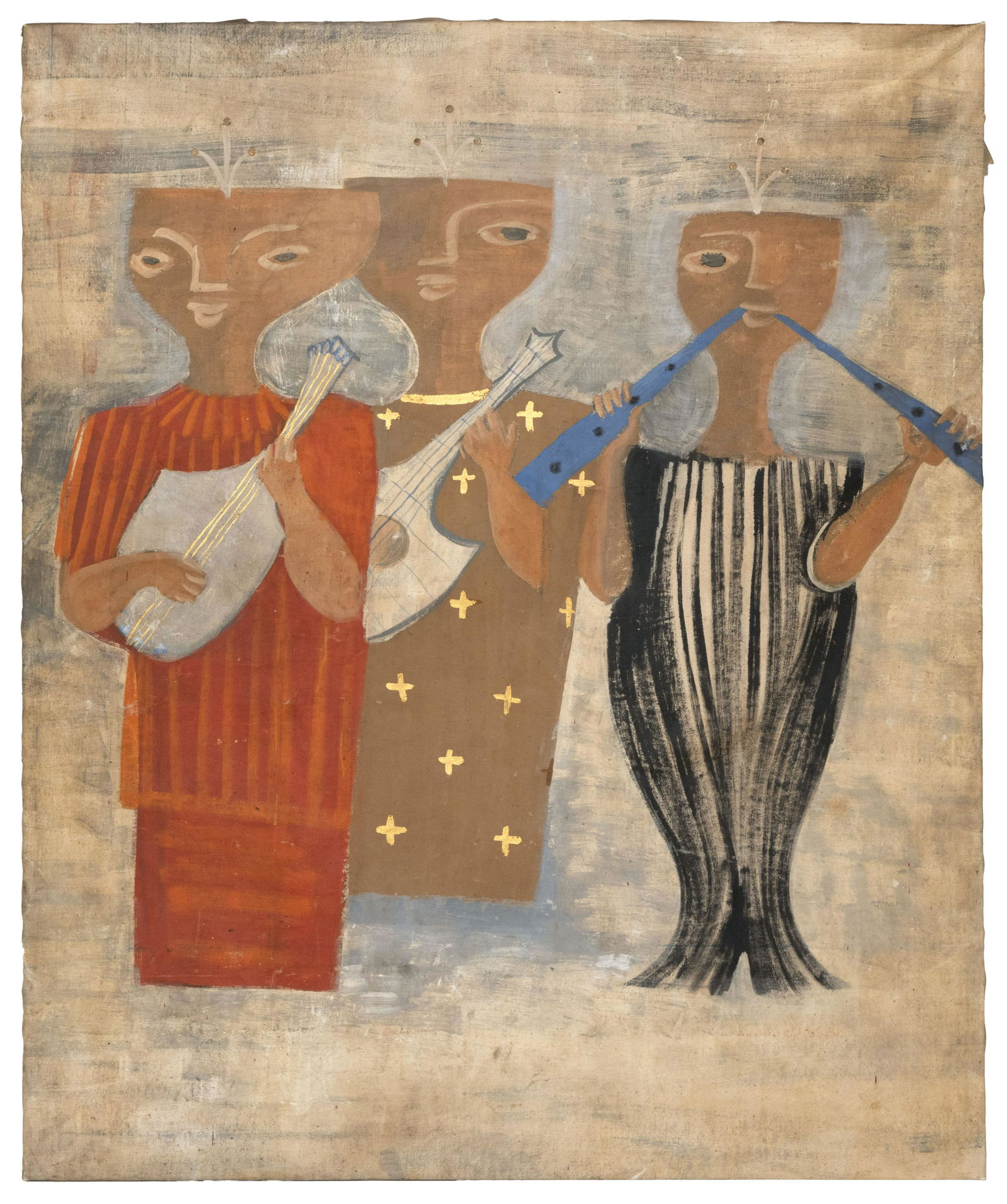 STYLE OF MASSIMO CAMPIGLI (20th Century,), Stylized: STYLE OF MASSIMO CAMPIGLI20th CenturyStylized figures playing musical instruments. Unsigned.Oil on canvas, 59" x 49". Unframed.