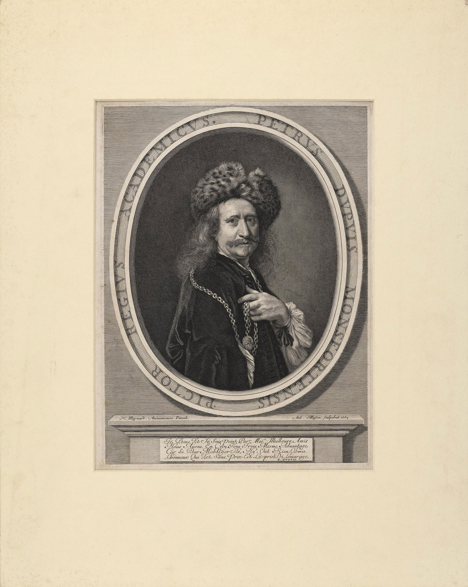 ANTOINE MASSON (France, 1636-1700), Portrait of Pierre: ANTOINE MASSONFrance, 1636-1700Portrait of Pierre Dupuis, after Nicolas Mignard (1606-1668). Pencil notations on lower margin and reverse. Collector's stamp verso.Engraving, plate 310mm x 230mm, sheet