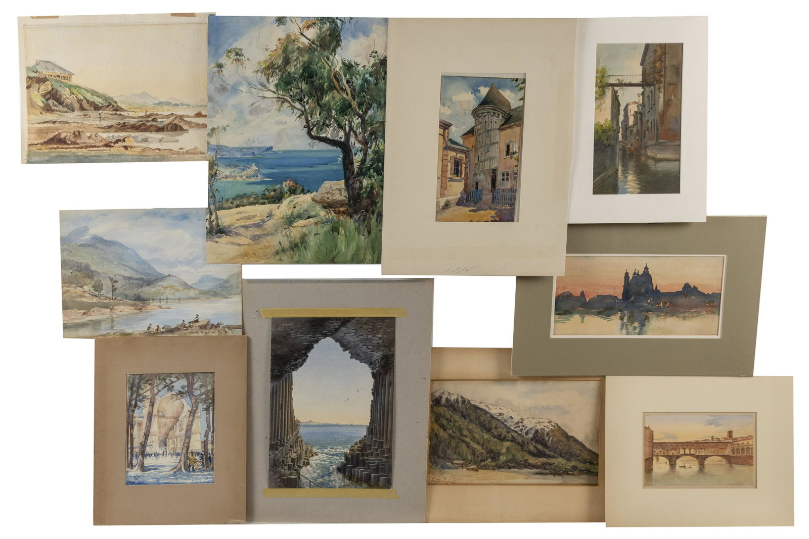 TEN WATERCOLOR LANDSCAPES: TEN WATERCOLOR LANDSCAPES Most depict European scenes. Some signed. Sheet sizes to 19.25" x 14". Unframed.