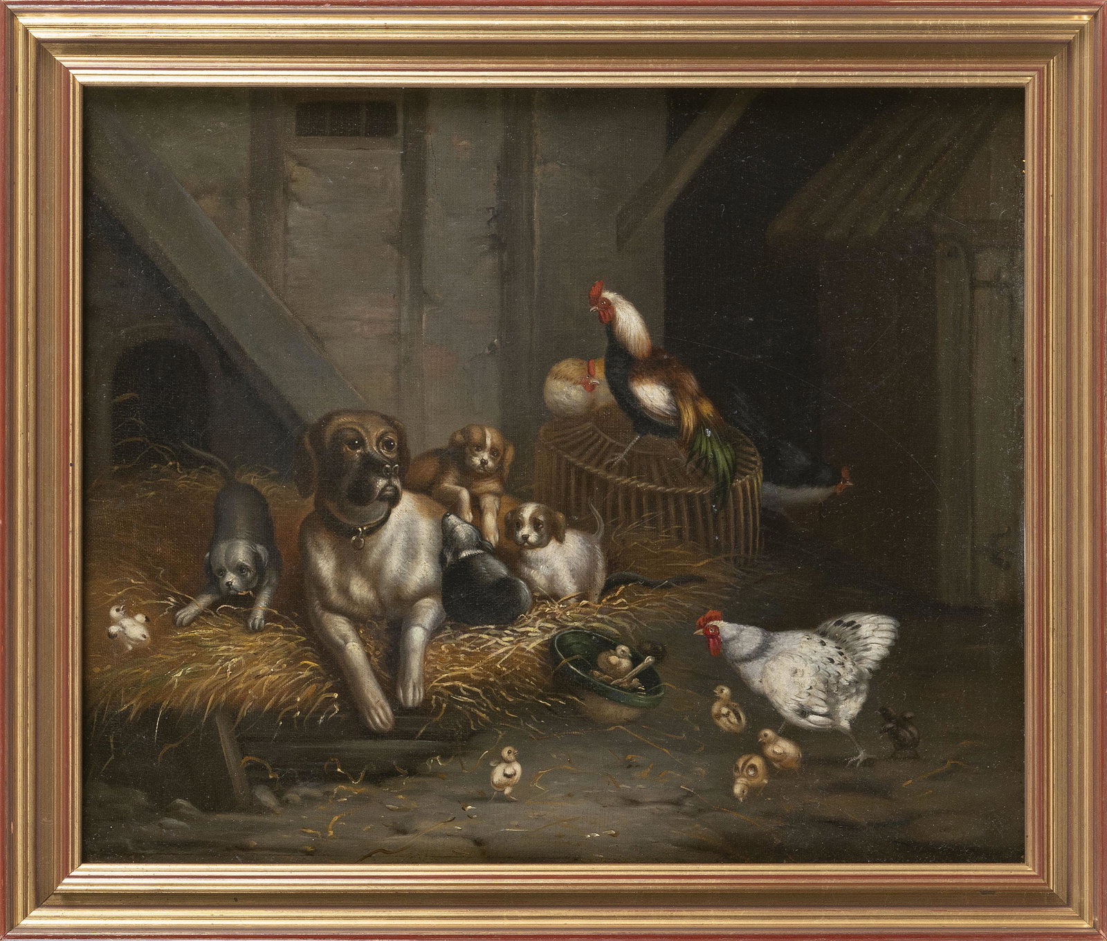 CONTINENTAL SCHOOL (19th Century,), Barnyard scene with: CONTINENTAL SCHOOL 19th Century Barnyard scene with dogs and chickens. Oil on board, 14.75" x 18". Framed 17.5" x 20.5".