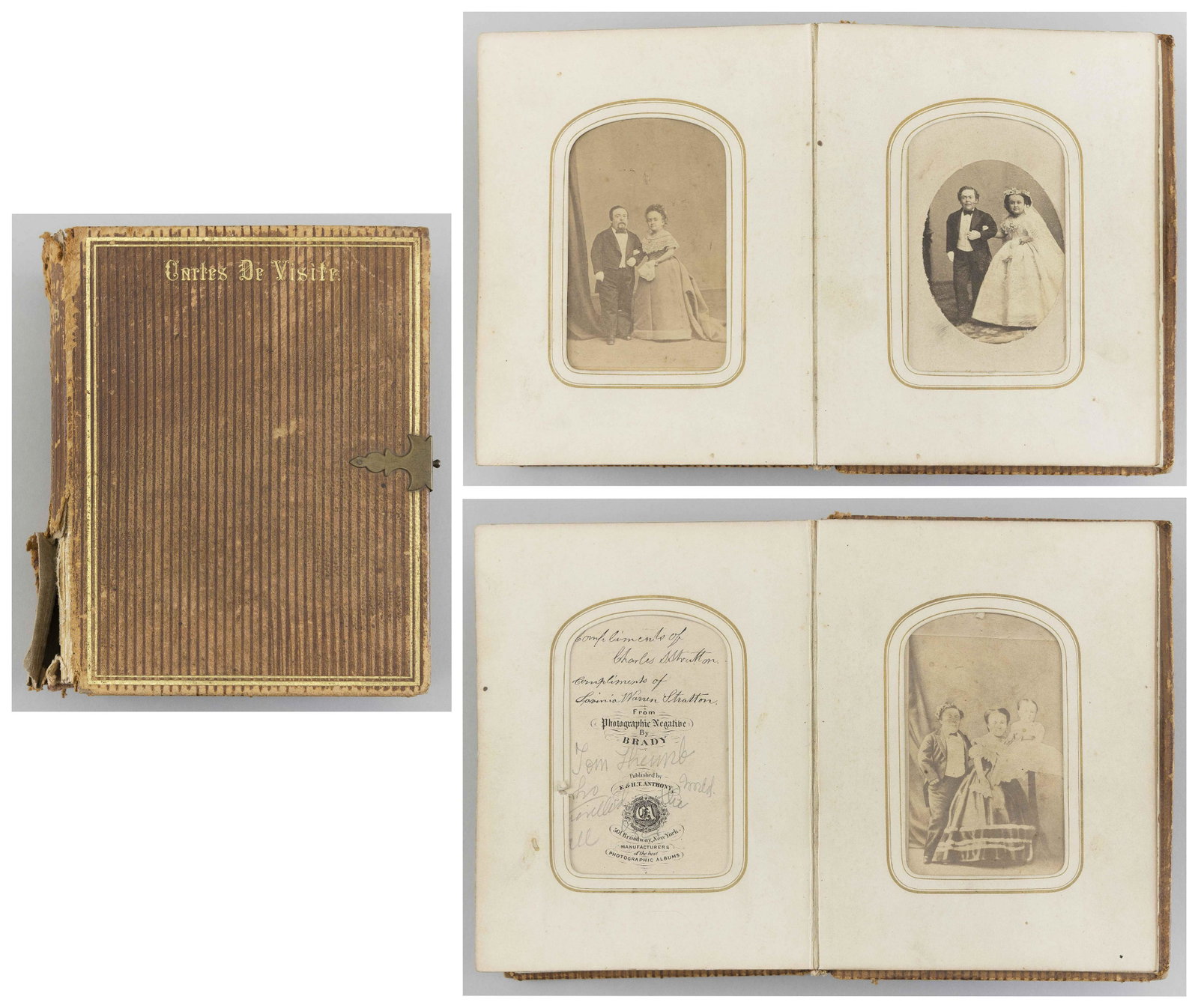 ALBUM WITH TEN CARTE DE VISITES, INCLUDING FOUR: ALBUM WITH TEN CARTE DE VISITES, INCLUDING FOUR DEPICTING LITTLE PEOPLE PERFORMERS Three depict General Tom Thumb and Lavinia Warren, one of which is autographed, and one depicts three unidentified li