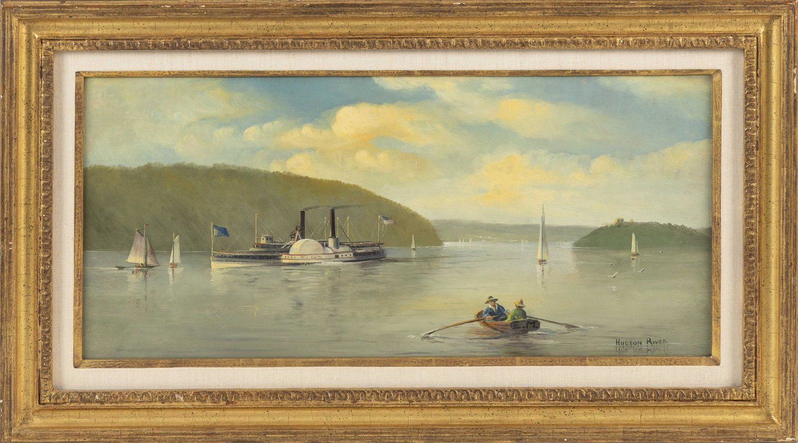 AMERICAN SCHOOL (20th Century,), Busy view of the: AMERICAN SCHOOL 20th Century Busy view of the Hudson River. Unsigned. Oil on board, 9.5" x 21" sight. Framed 15" x 26".