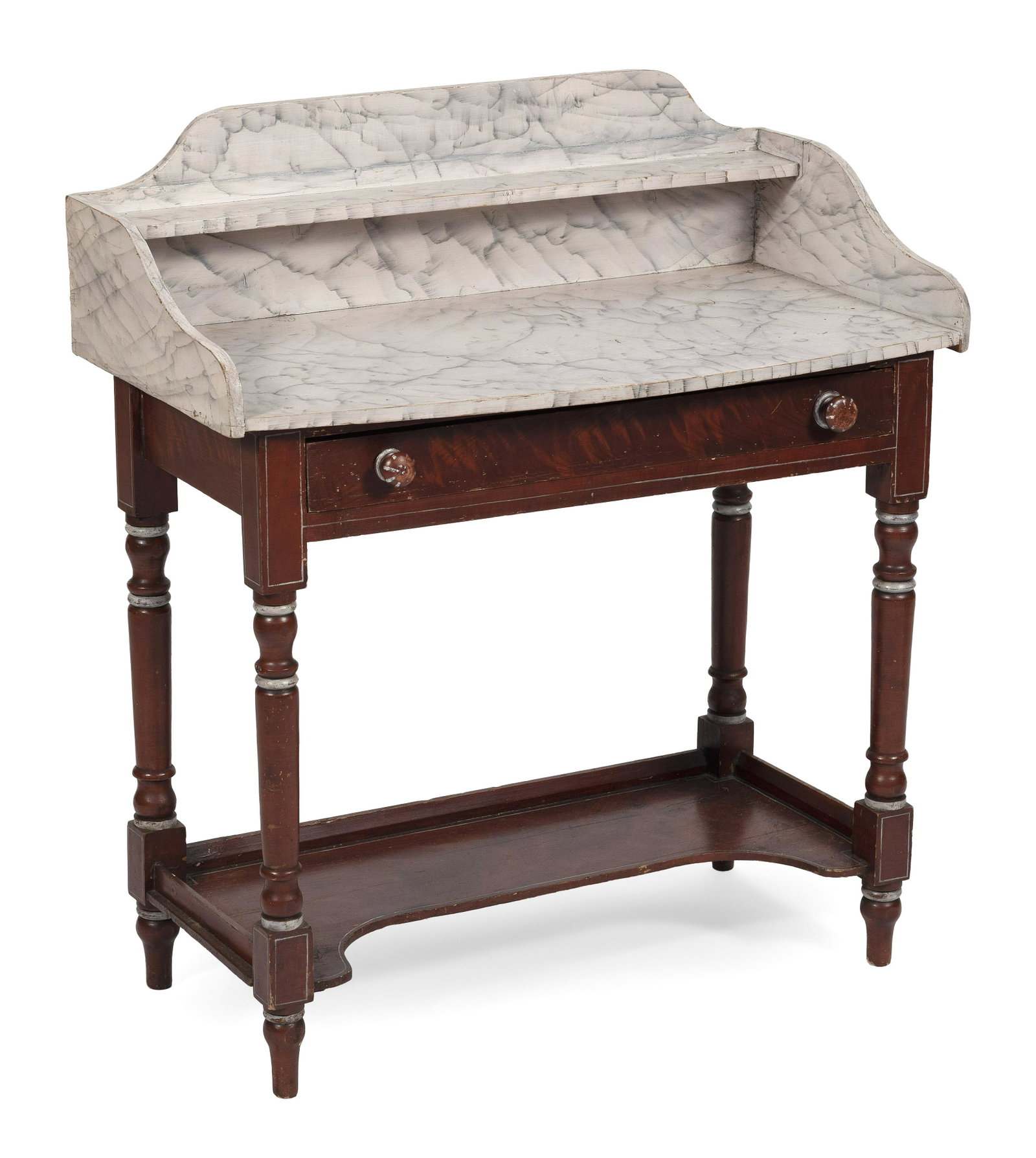 DRESSING TABLE 19th Century Height 36.75". Width 33".: DRESSING TABLE 19th Century In pine. Top and backsplash painted to resemble marble. Brick red grain-painted base with full-width drawer, medial shelf and turned legs. Height 36.75". Width 33"
