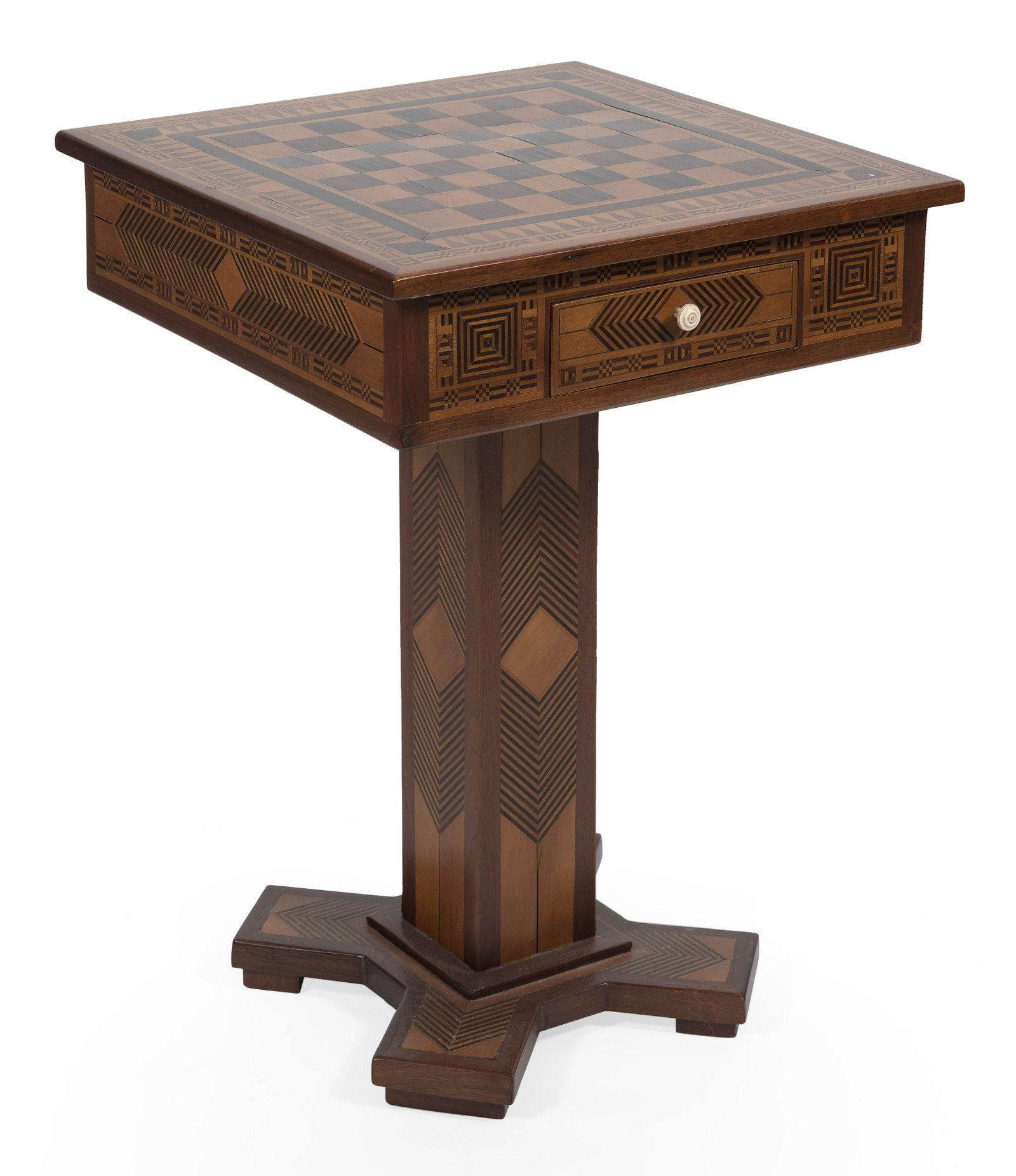 INLAID GAMES TABLE 20th Century Height 31". Top 21.75": INLAID GAMES TABLE 20th Century Multi-wood geometric inlay, including a checkerboard top. Single drawer in skirt. Height 31". Top 21.75" x 21.75".
