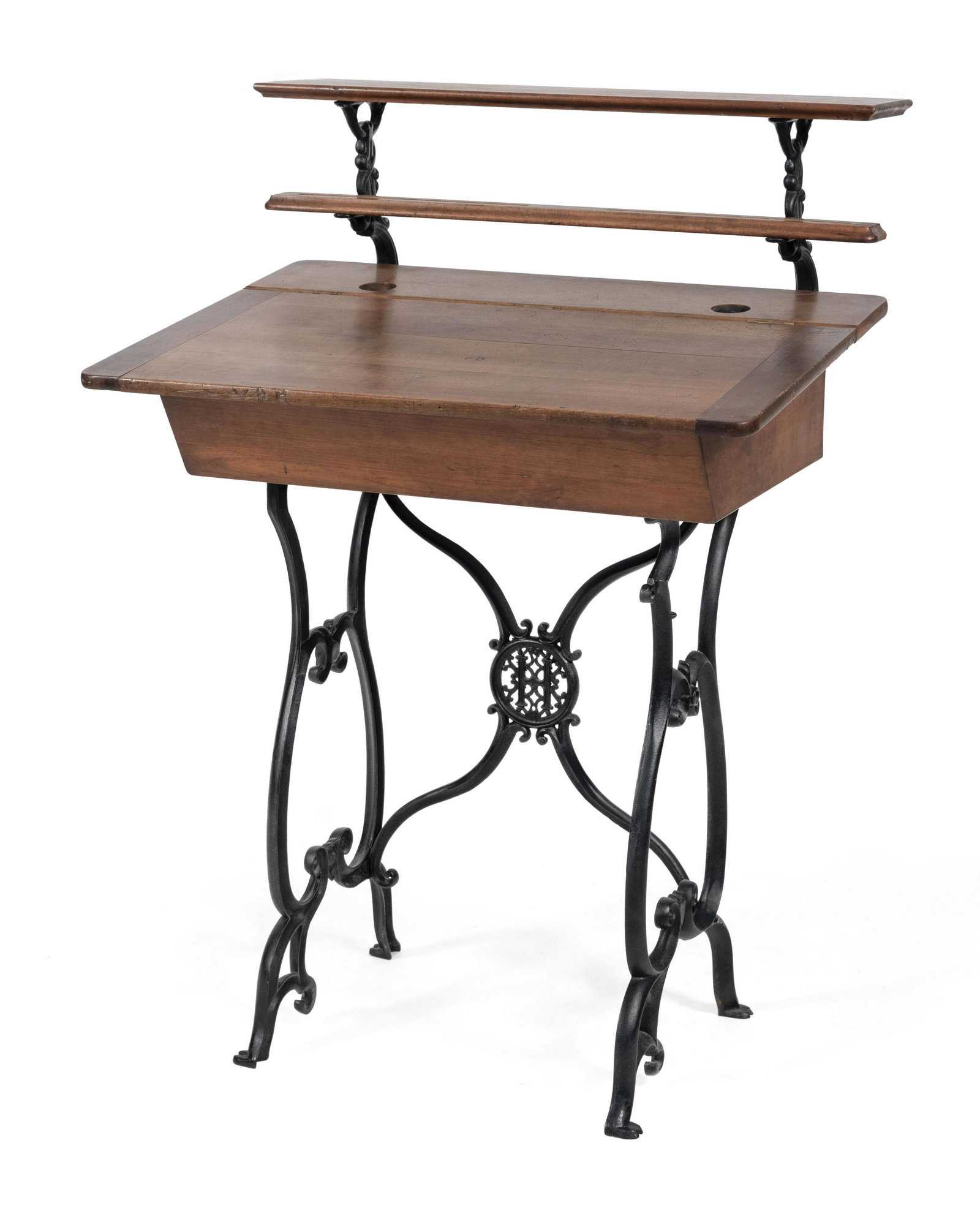 MAHOGANY AND CAST IRON SCHOOLMASTER'S DESK Early 20th: MAHOGANY AND CAST IRON SCHOOLMASTER'S DESK Early 20th Century Shelf and pen tray superstructure. Slanted lift-top writing surface. Height 46.5". Width 32". Depth 25".