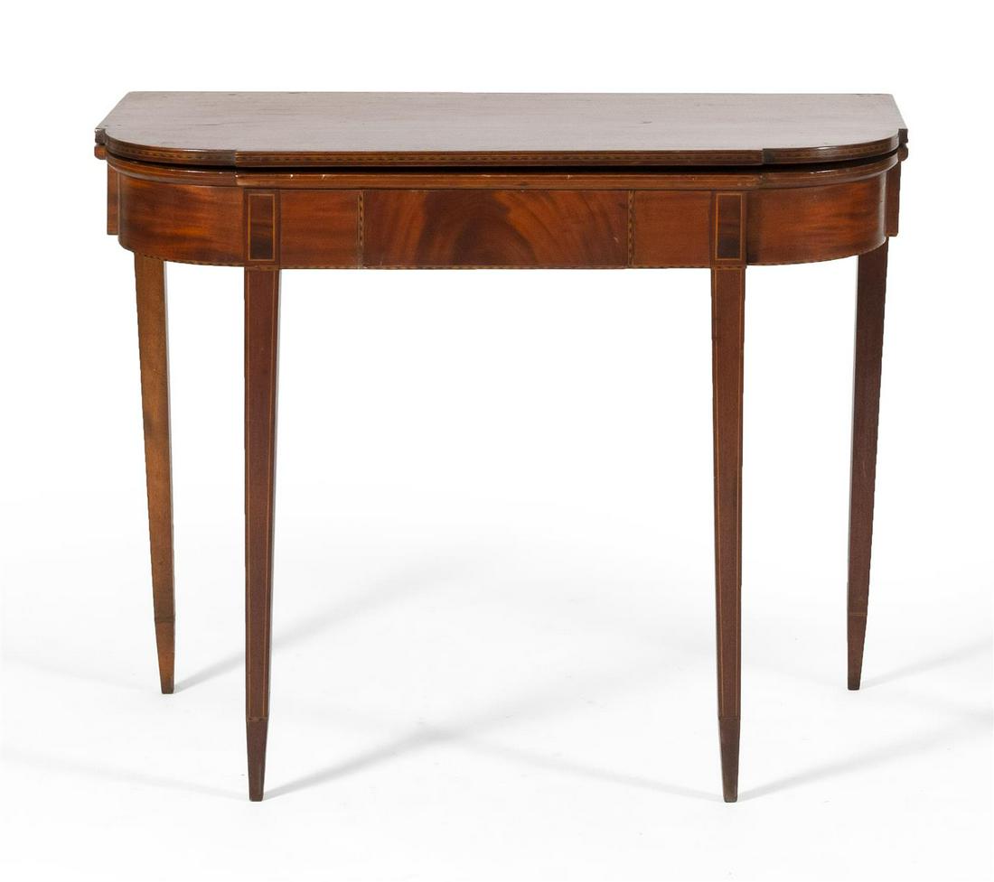 HEPPLEWHITE CARD TABLE North Shore of Massachusetts,: HEPPLEWHITE CARD TABLENorth Shore of Massachusetts, Circa 1800In mahogany and mahogany veneer. Tapered legs with cuff banding.Height 29.5". Width 35.5". Depth 17.25".