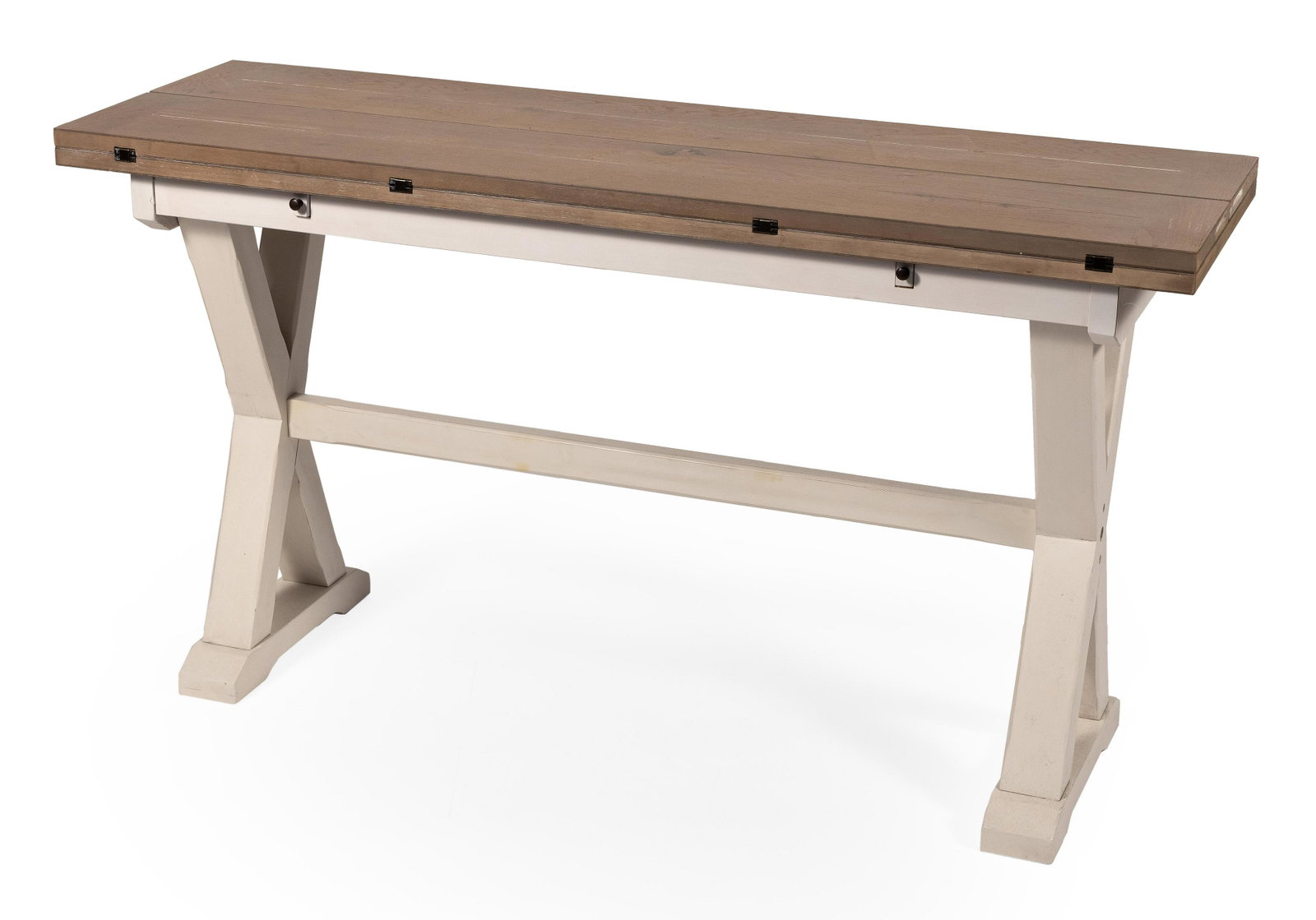EXPANDABLE HARVEST TABLE Contemporary Height with: EXPANDABLE HARVEST TABLE Contemporary Natural wood-finished top with two leaves that fold out. White-painted X-shaped base. Height with leaves open 30". Length 56.75". Width 18" plus tw