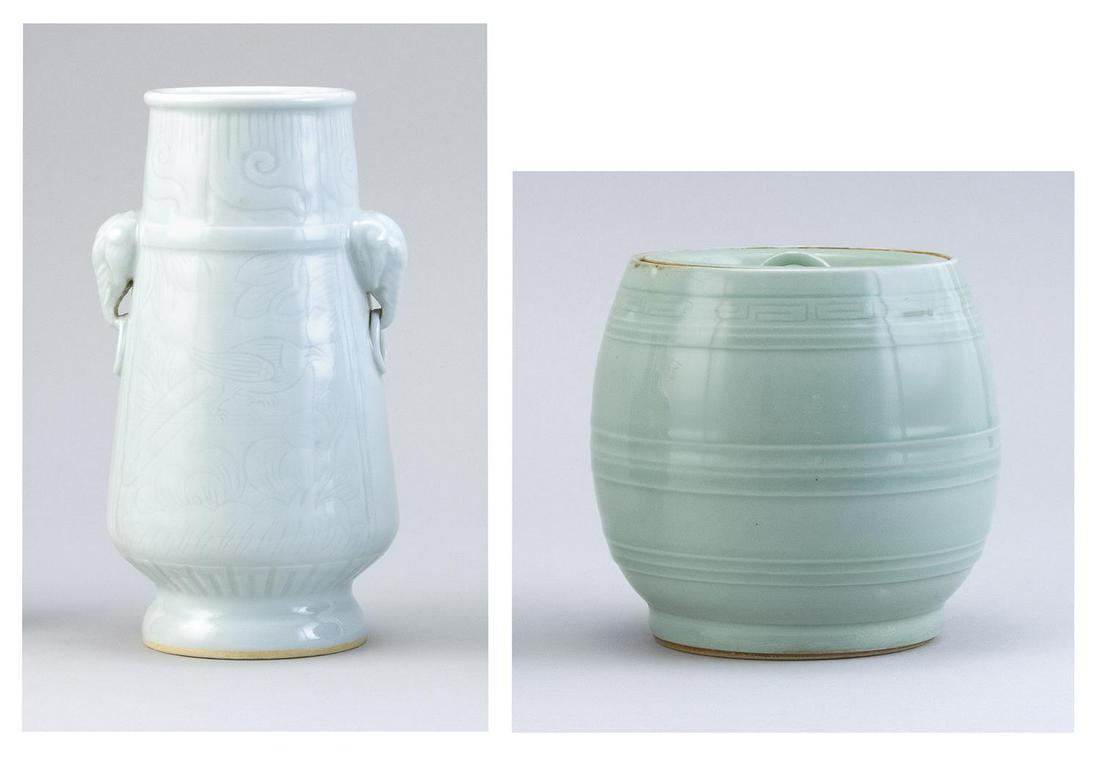 TWO PIECES OF JAPANESE PORCELAIN 20th Century: TWO PIECES OF JAPANESE PORCELAIN 20th Century 1) Eiraku Tokuzan vase with incised fish design and elephant's-head mock ring handles. Eiraku mark on base. Height 7.8". 2) Miyanaga Tozan celadon co
