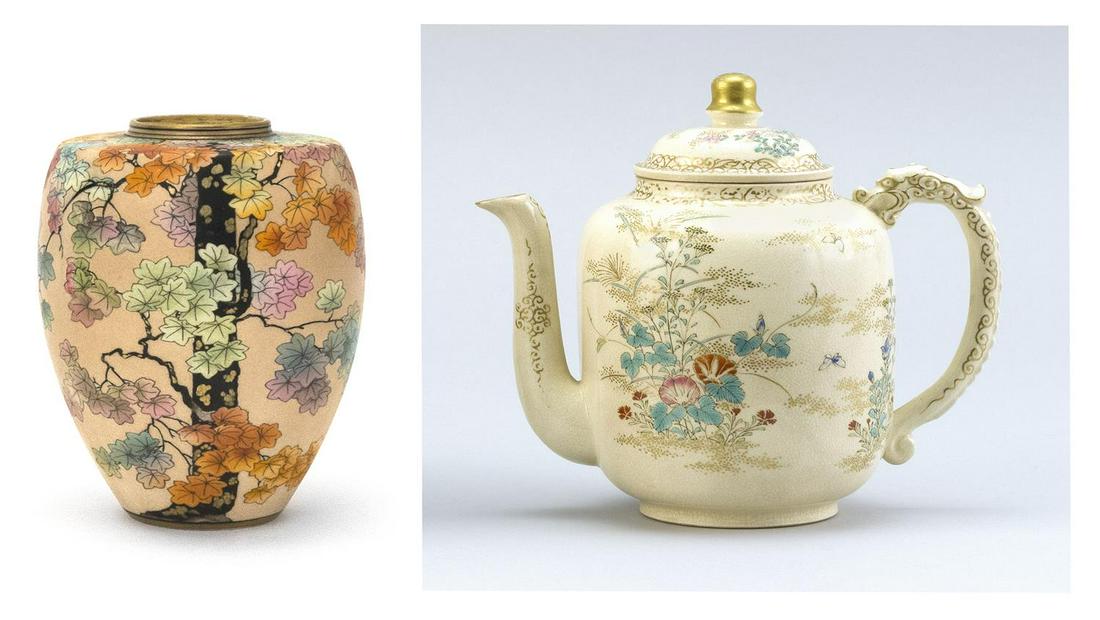 TWO PIECES OF JAPANESE SATSUMA: TWO PIECES OF JAPANESE SATSUMA 1) Meiji Period Kinkozan pottery inverted pear-form vase, decorated by Yuzan with a colorful maple tree design. Signed. Height 4.75". 2) 19th Century Taizan pottery