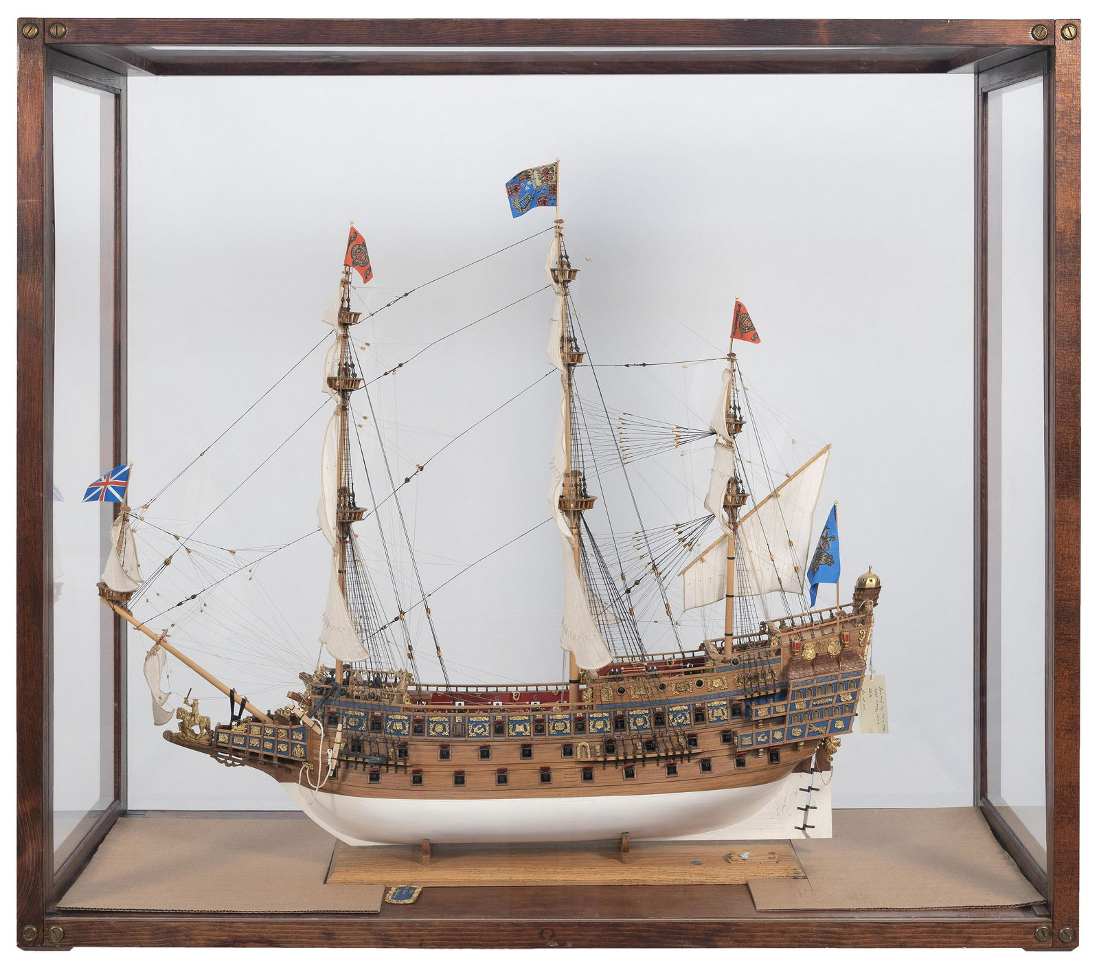 CASED MODEL OF THE SHIP SOVEREIGN OF THE SEAS Mid-20th: CASED MODEL OF THE SHIP SOVEREIGN OF THE SEASMid-20th CenturyPlaque inscribed with the name of the ship and dated 1637.Height of case 44". Width 50". Depth 21".