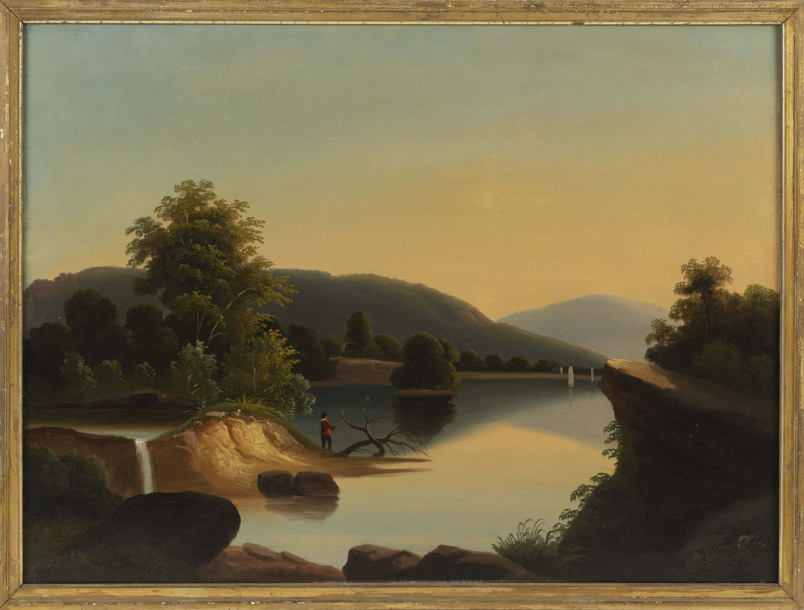 AMERICAN SCHOOL (19th Century,), A fisherman on a: AMERICAN SCHOOL 19th Century A fisherman on a mountain river, possibly the Hudson. Unsigned. Oil on canvas, 24" x 32". Framed 25.5" x 35.5".