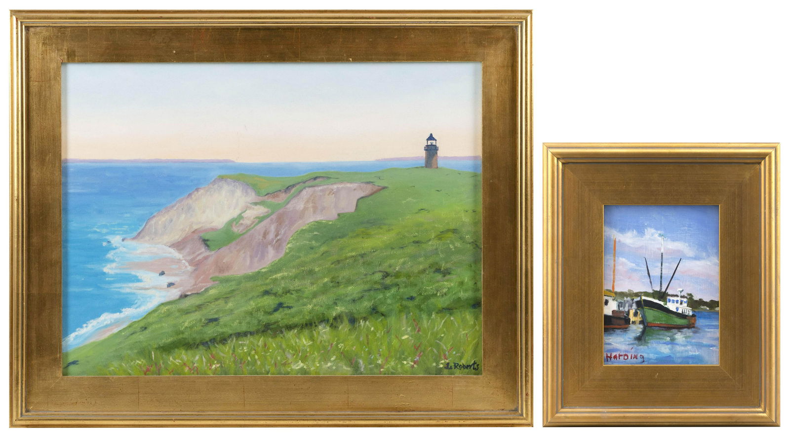 TWO CONTEMPORARY MASSACHUSETTS PAINTINGS: TWO CONTEMPORARY MASSACHUSETTS PAINTINGS1) Fishing boat at dock. Signed lower left “Harding”. Oil on board 8” x 6”. Framed 13” x 11”.2) A lighthouse on a bluff. Signed lower right “L. Ro