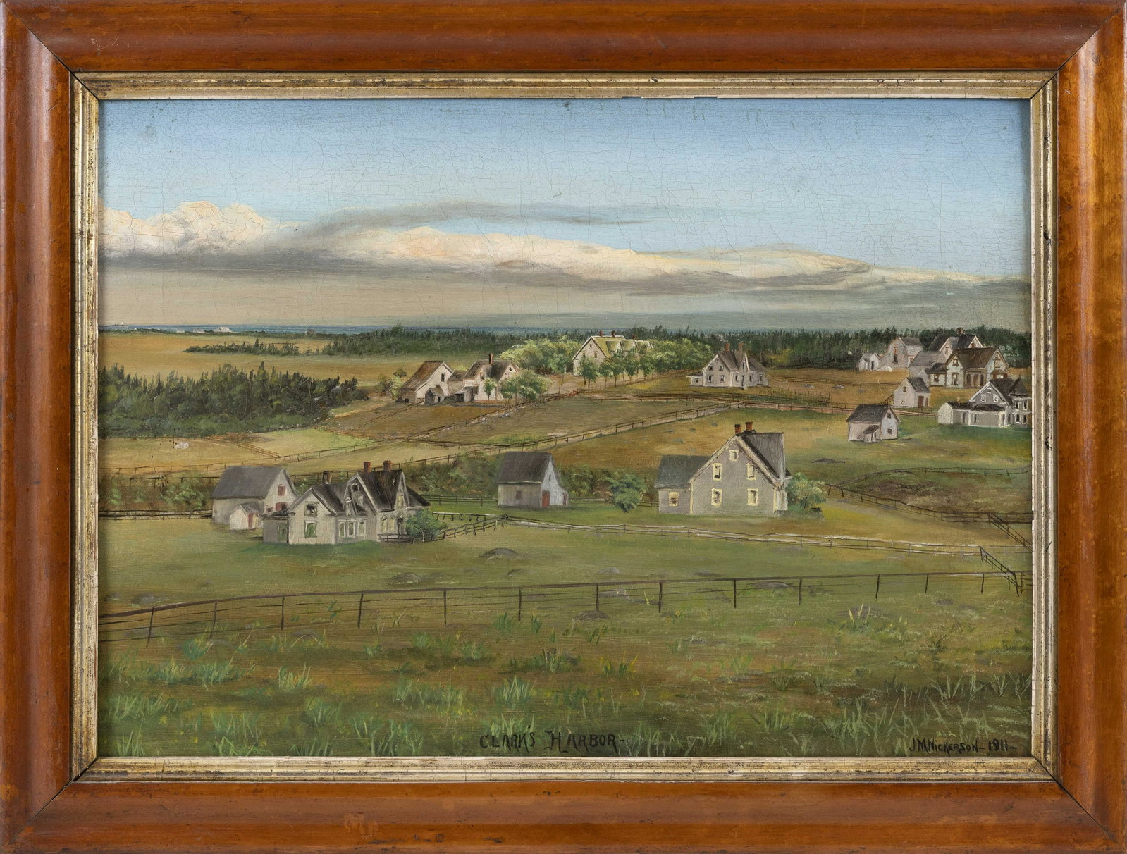 LANDSCAPE PAINTING OF CLARK'S HARBOUR, NOVA SCOTIA Oil: LANDSCAPE PAINTING OF CLARK'S HARBOUR, NOVA SCOTIA Signed and dated lower right "J.M. Nickerson -1911-". Oil on canvas, 17" x 24". Framed 21.5" x 28".