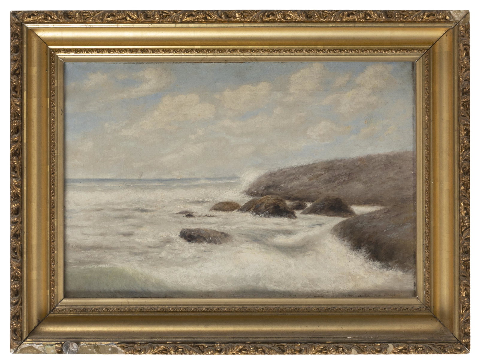COASTAL PAINTING IN THE MANNER OF C.D. CAHOON Oil on: COASTAL PAINTING IN THE MANNER OF C.D. CAHOON View of crashing surf and distant boats. Unsigned. Oil on canvas, 12” x 18”. Framed 17” x 22.5”.