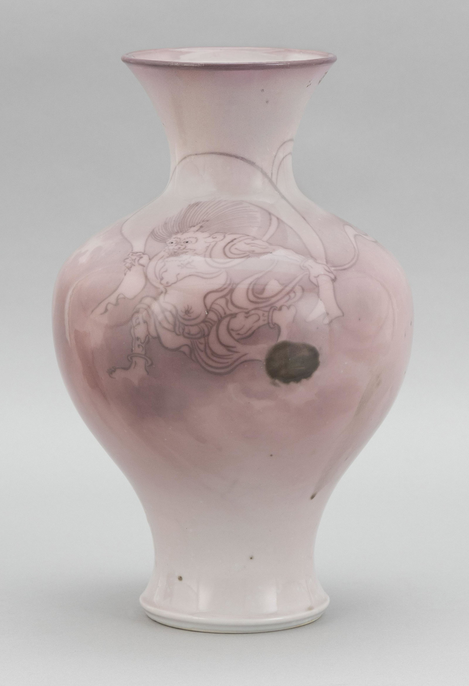 JAPANESE PORCELAIN VASE BY MAKUZU KOZAN Meiji Period: JAPANESE PORCELAIN VASE BY MAKUZU KOZAN Meiji Period In baluster form, with decoration of Fujin, God of Wind, on an ombré dusty rose to white ground. Height 12".