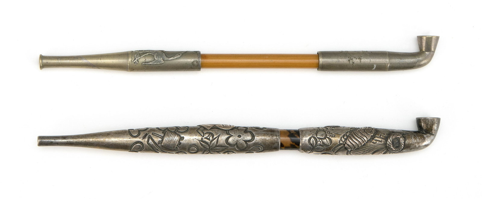 TWO JAPANESE BAMBOO AND SILVER OPIUM PIPES Meiji Period (1 of 2)
