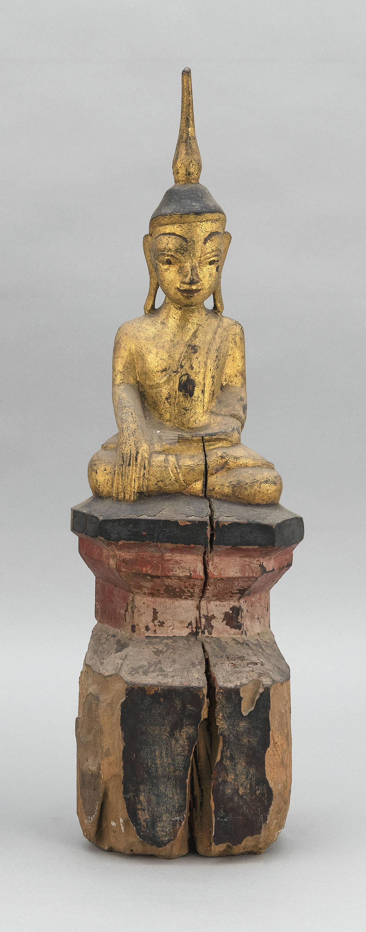 BURMESE GILTWOOD BUDDHA 19th Century Height 21".: BURMESE GILTWOOD BUDDHA 19th Century Seated in earth-touching position on a stepped base. Height 21".