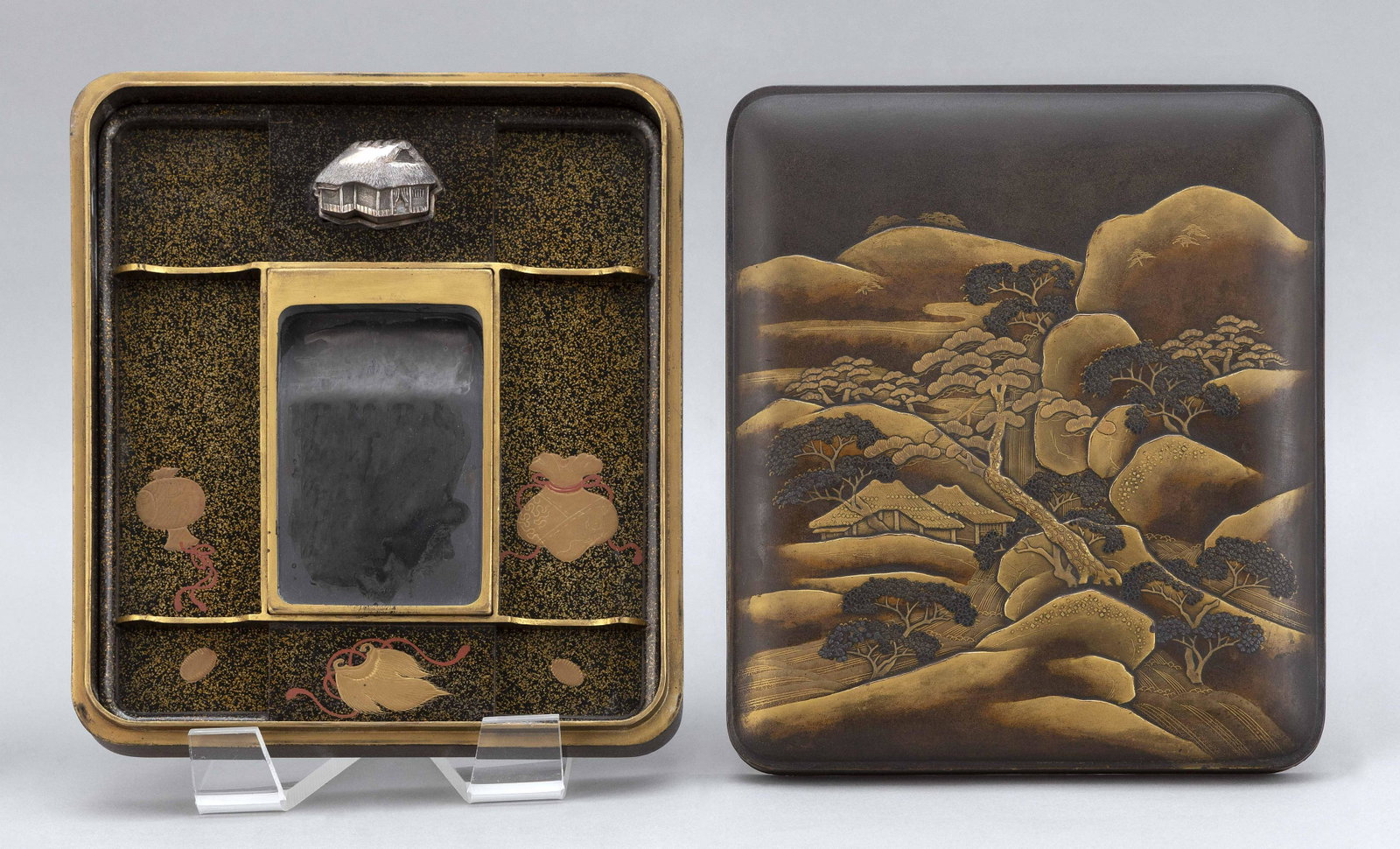 JAPANESE GILT AND BLACK LACQUER SUZURIBAKO Meiji Period: JAPANESE GILT AND BLACK LACQUER SUZURIBAKO Meiji Period Cover depicts a pavilion in a tree-filled mountainous landscape. Interior of cover with a seated man with a halberd and a standing woman in gilt