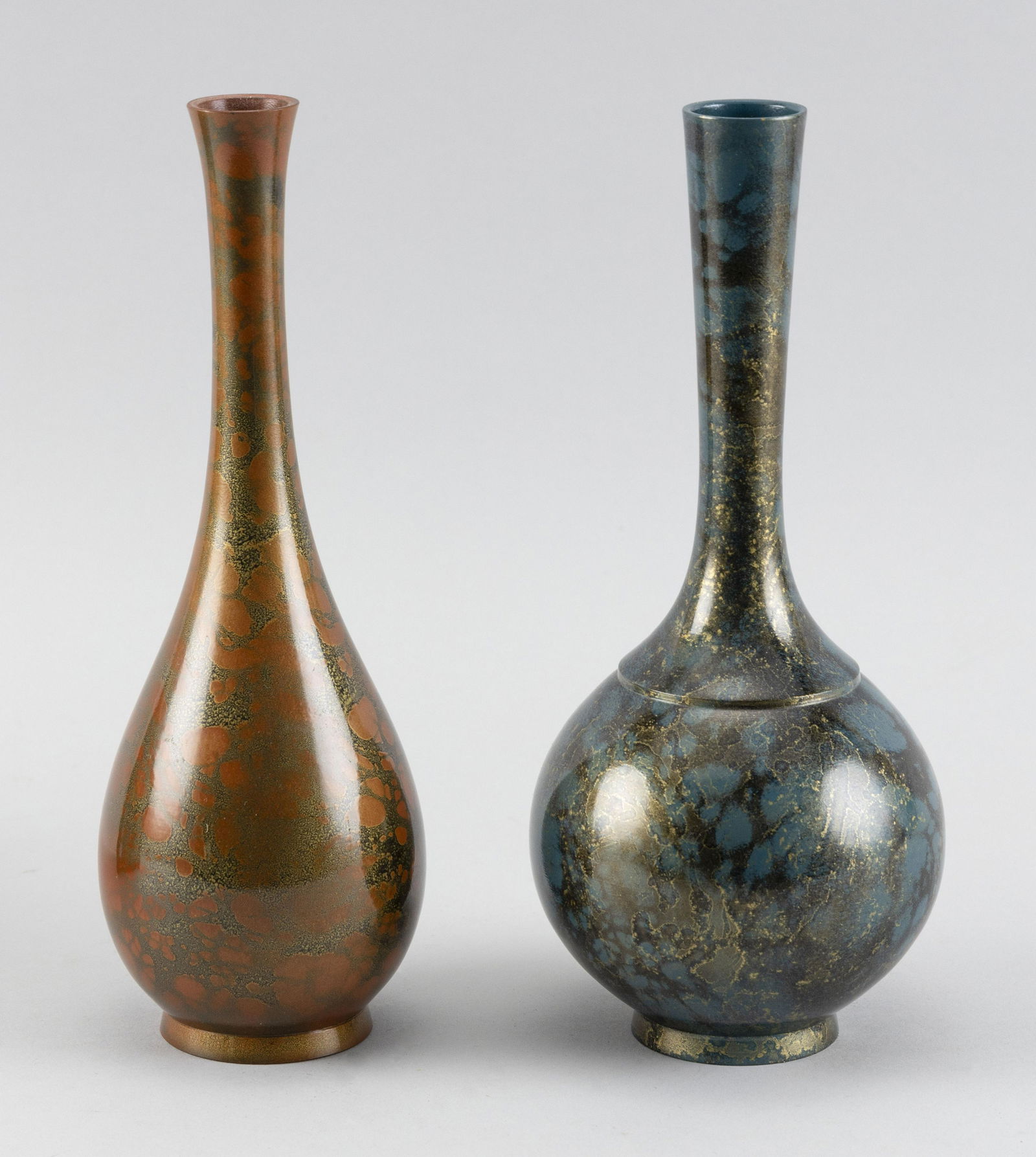 TWO JAPANESE TAKAOKA MOTTLED BRONZE VASES 20th Century (1 of 3)