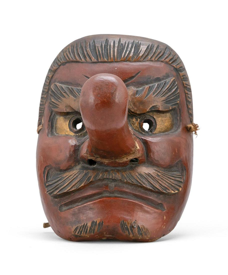 JAPANESE CARVED WOOD NOH MASK Meiji Period Length 9". (1 of 2)