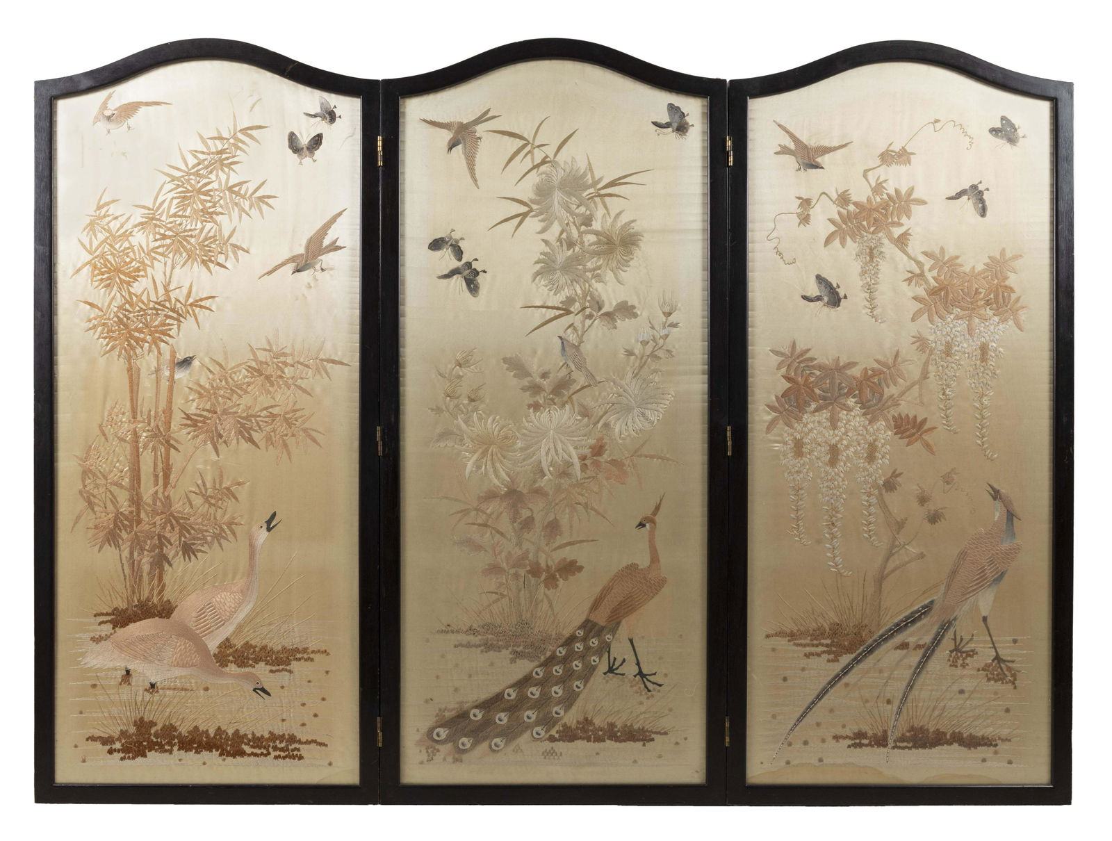 JAPANESE THREE-PANEL SILK FLOOR SCREEN Late Meiji (1 of 2)