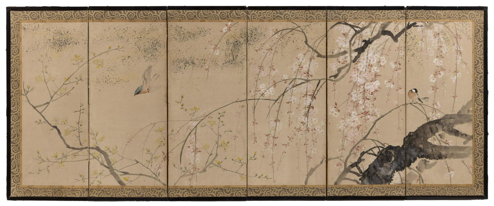 JAPANESE SIX-PANEL TEA SCREEN Meiji Period Height 22". (1 of 2)
