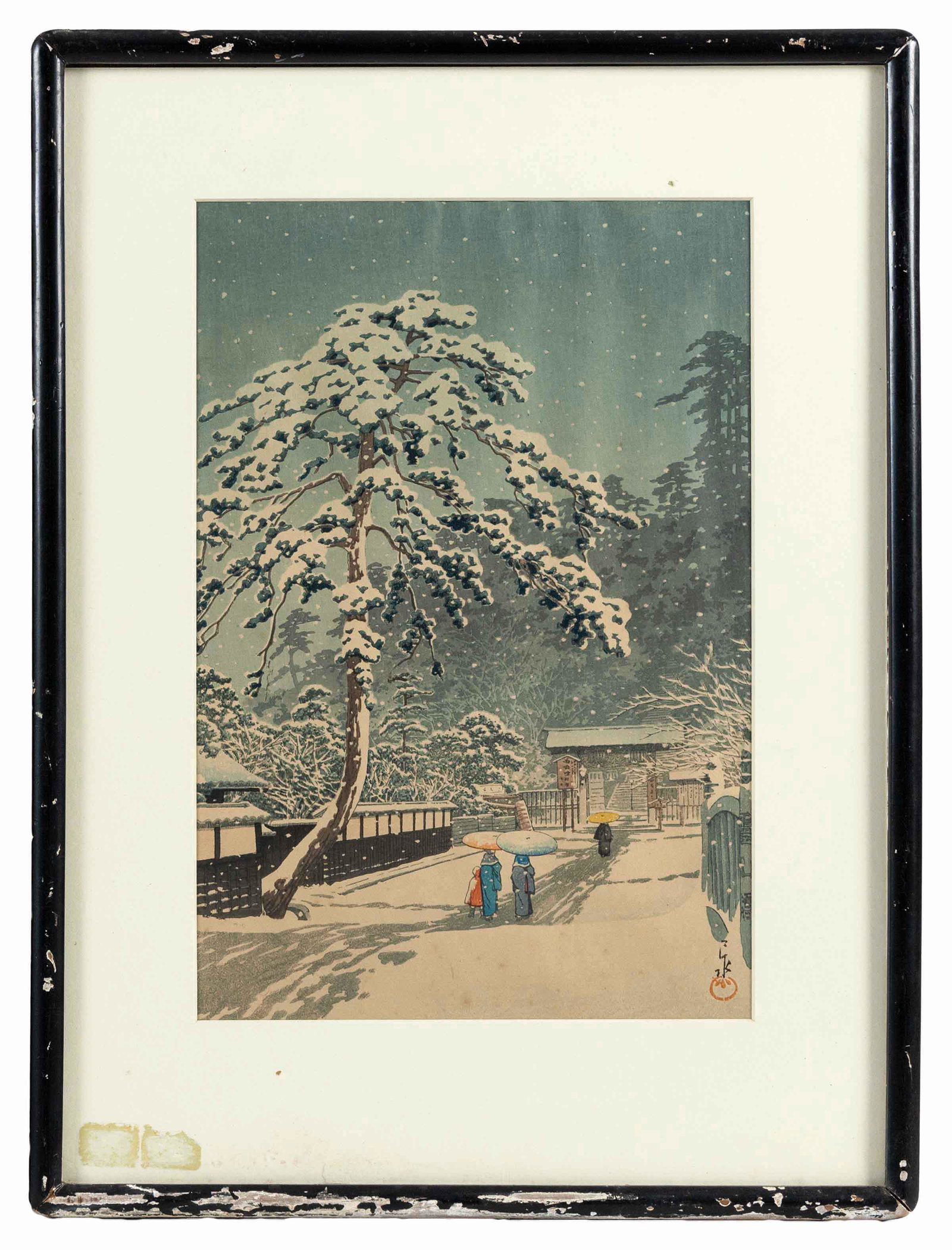KAWASE HASUI (1883-1957) Oban tate-e Framed 20" x: KAWASE HASUI (1883-1957) Oban tate-e "Snow at Honmonji Temple, Tokyo". Titled lower left in pencil and signed lower right. Framed 20" x 14.5".