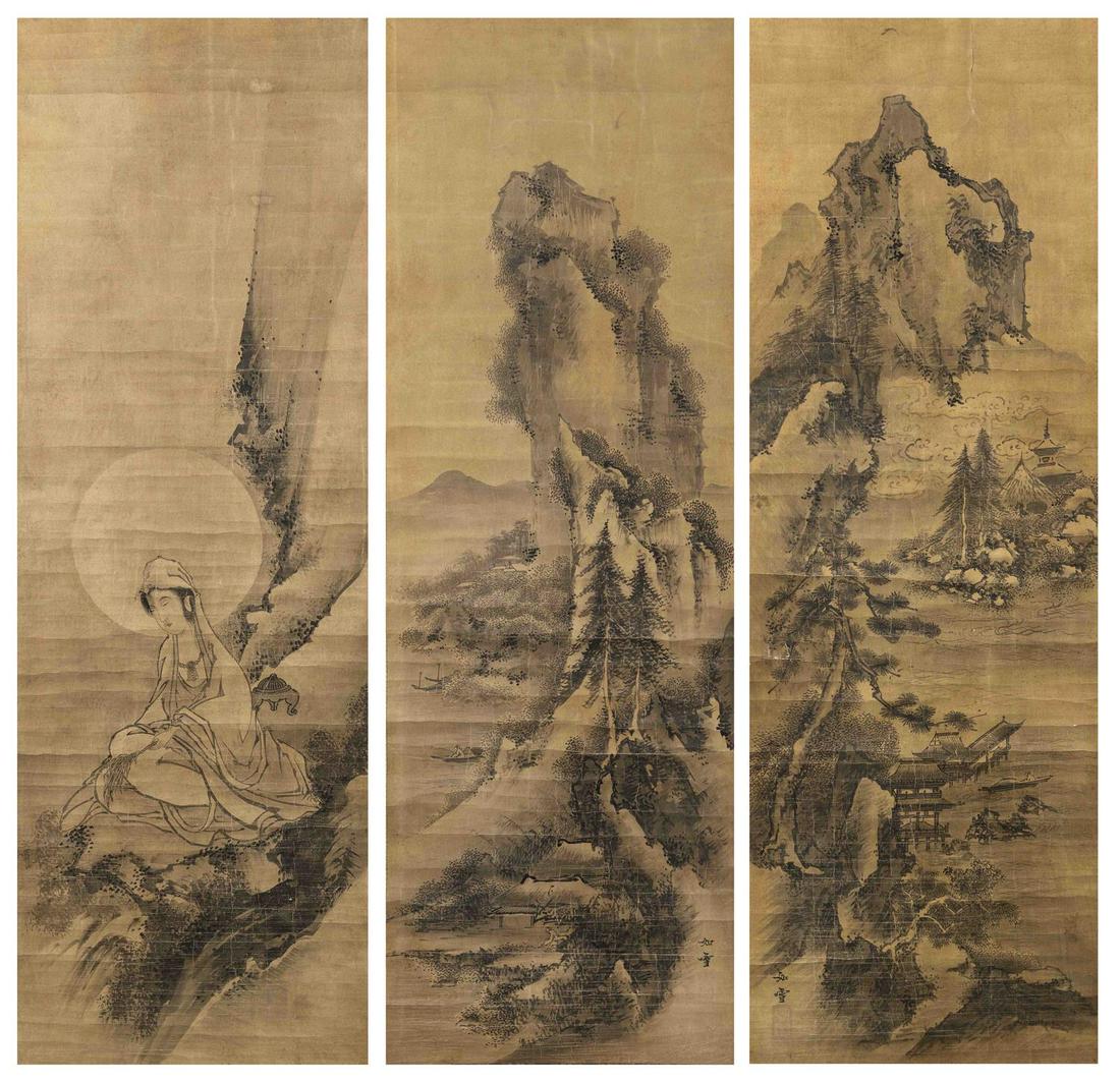 SET OF THREE JAPANESE SCROLL PAINTINGS ON PAPER (1 of 8)