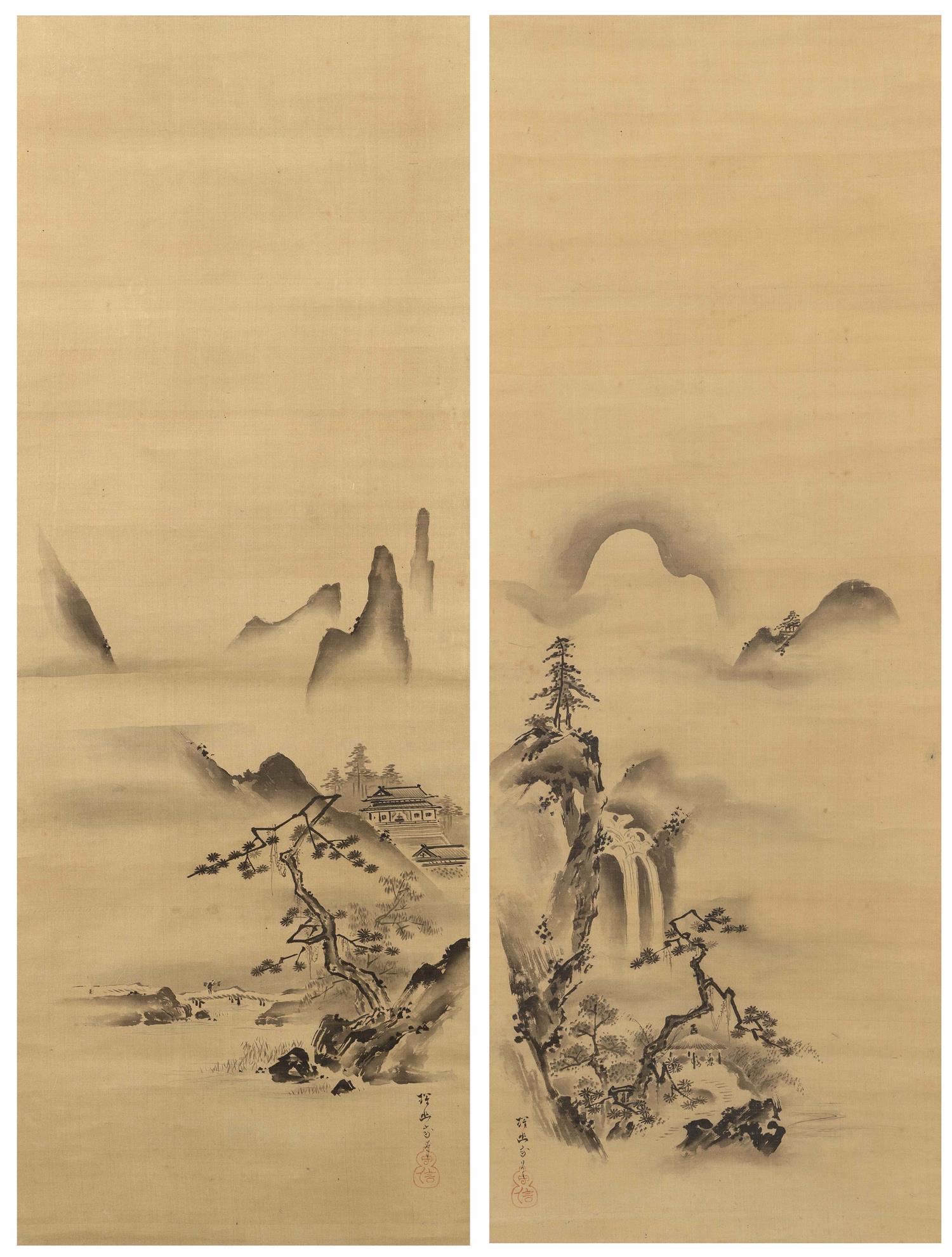 PAIR OF JAPANESE SCROLL PAINTINGS ON SILK BY KANO TANYU (1 of 6)