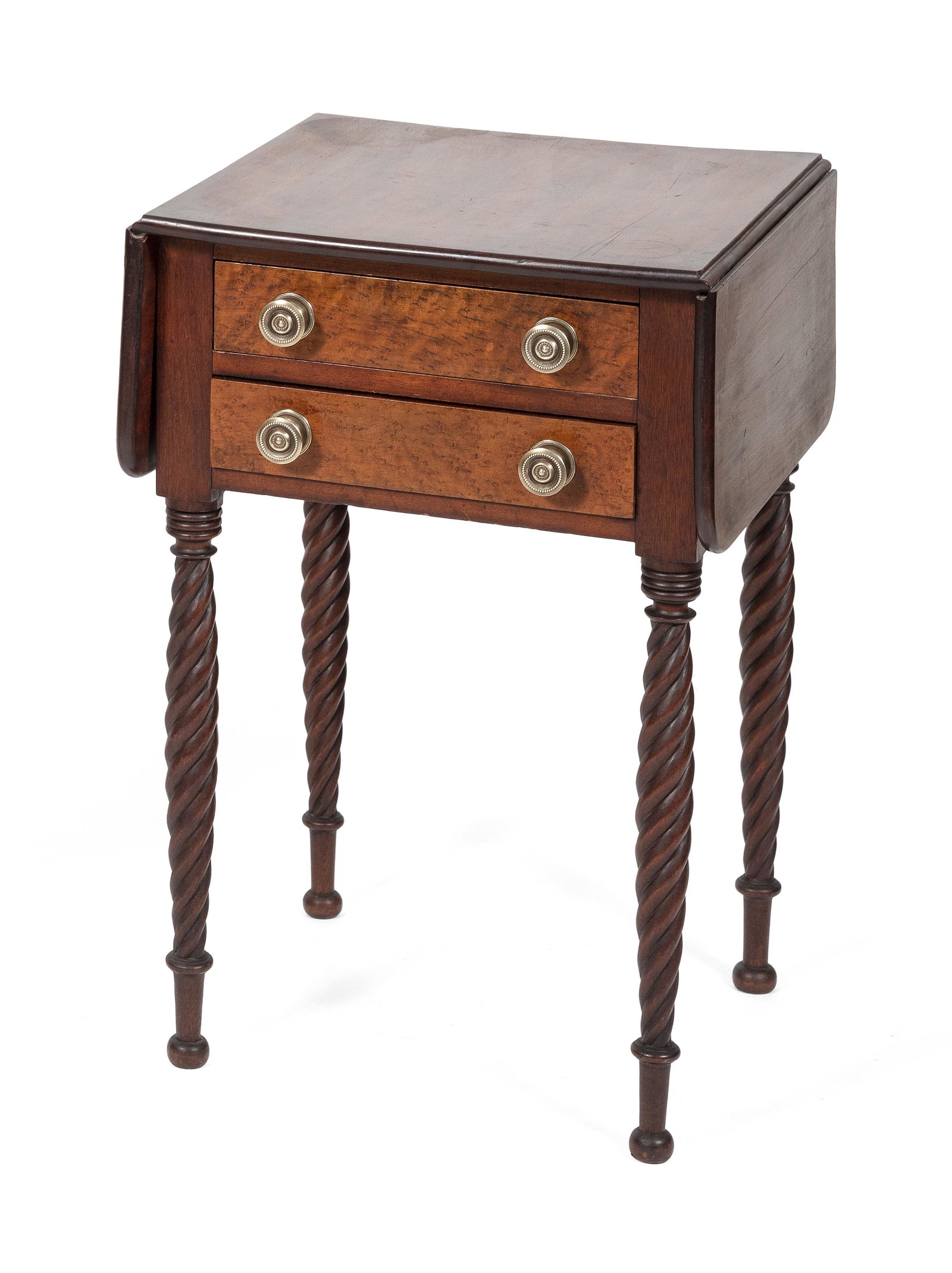 SHERATON TWO-DRAWER DROP-LEAF WORK TABLE America, 19th: SHERATON TWO-DRAWER DROP-LEAF WORK TABLE America, 19th Century In mahogany, with bird's-eye maple drawer fronts. Height 28". Width 18" plus 8" drop leaves. Depth 17.75".