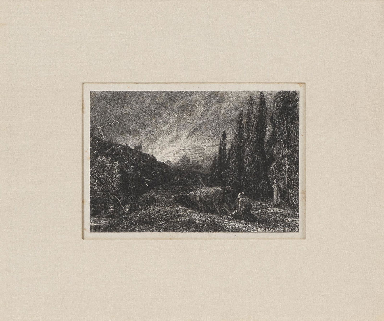 SAMUEL PALMER (England, 1805-1881), "The Early: SAMUEL PALMEREngland, 1805-1881"The Early Ploughman". Unsigned.Etching on laid paper, matrix 130mm x 197mm, sheet size 6.5" x 10". Framed 12.5" x 15.25".