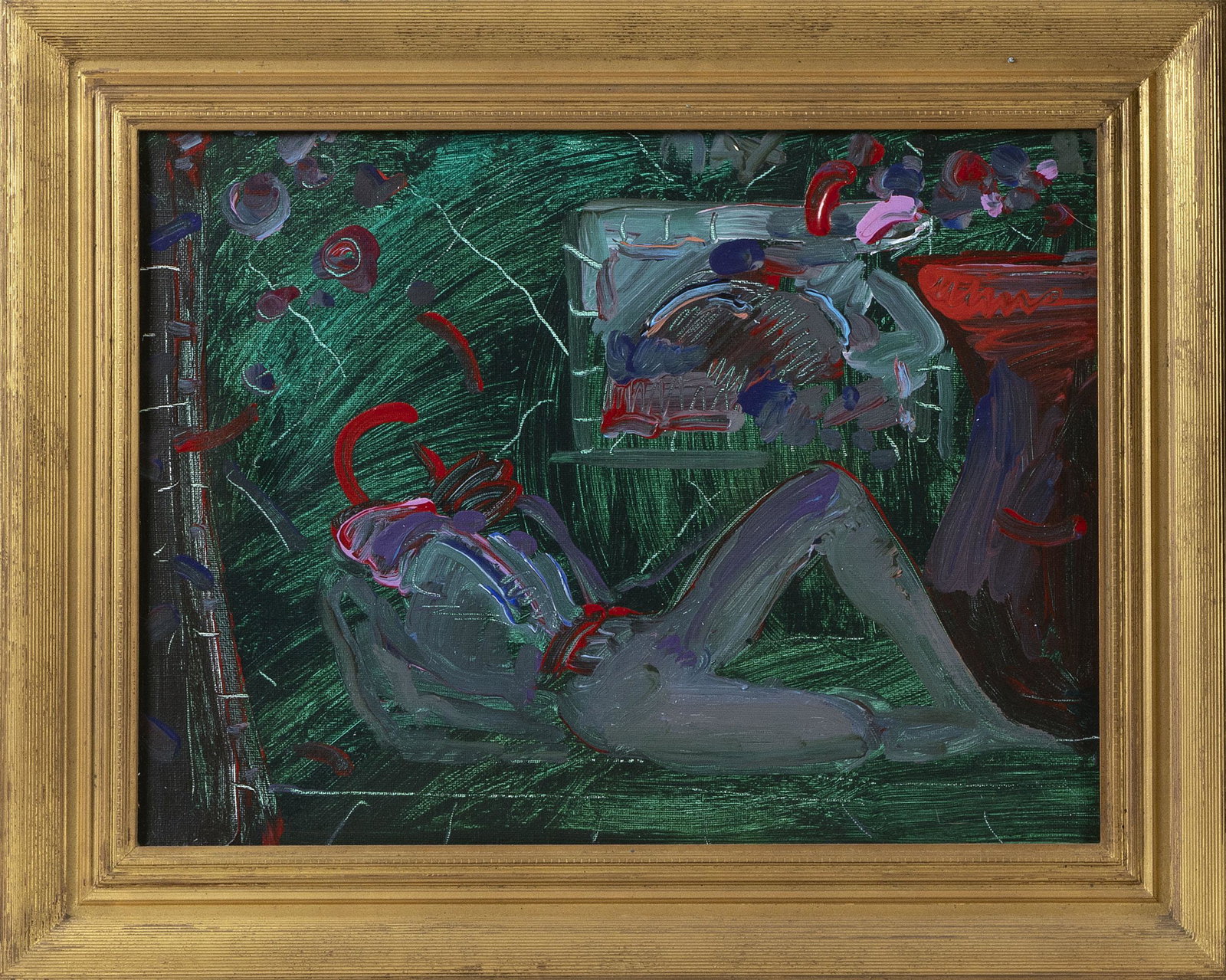 PETER (FINKELSTEIN) MAX (New York/Germany, b. 1937),: PETER (FINKELSTEIN) MAX New York/Germany, b. 1937 Reclining figure. Signed “Max” at upper edge. Also signed verso “Peter Max 1984”. Oil on canvas, 12” x 16”. Framed 15.75" x 19.75”.