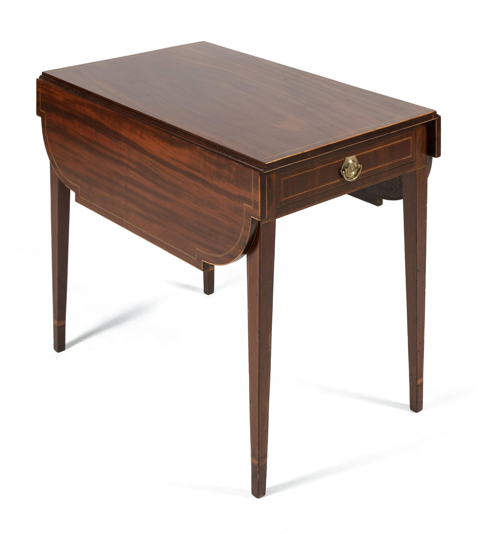 HEPPLEWHITE PEMBROKE TABLE New York, Circa 1790 Height: HEPPLEWHITE PEMBROKE TABLE New York, Circa 1790 In select grained mahogany. Top, leaves and legs with string inlay. Single drawer at one end of apron and a faux drawer at opposite end. Tapered legs. H