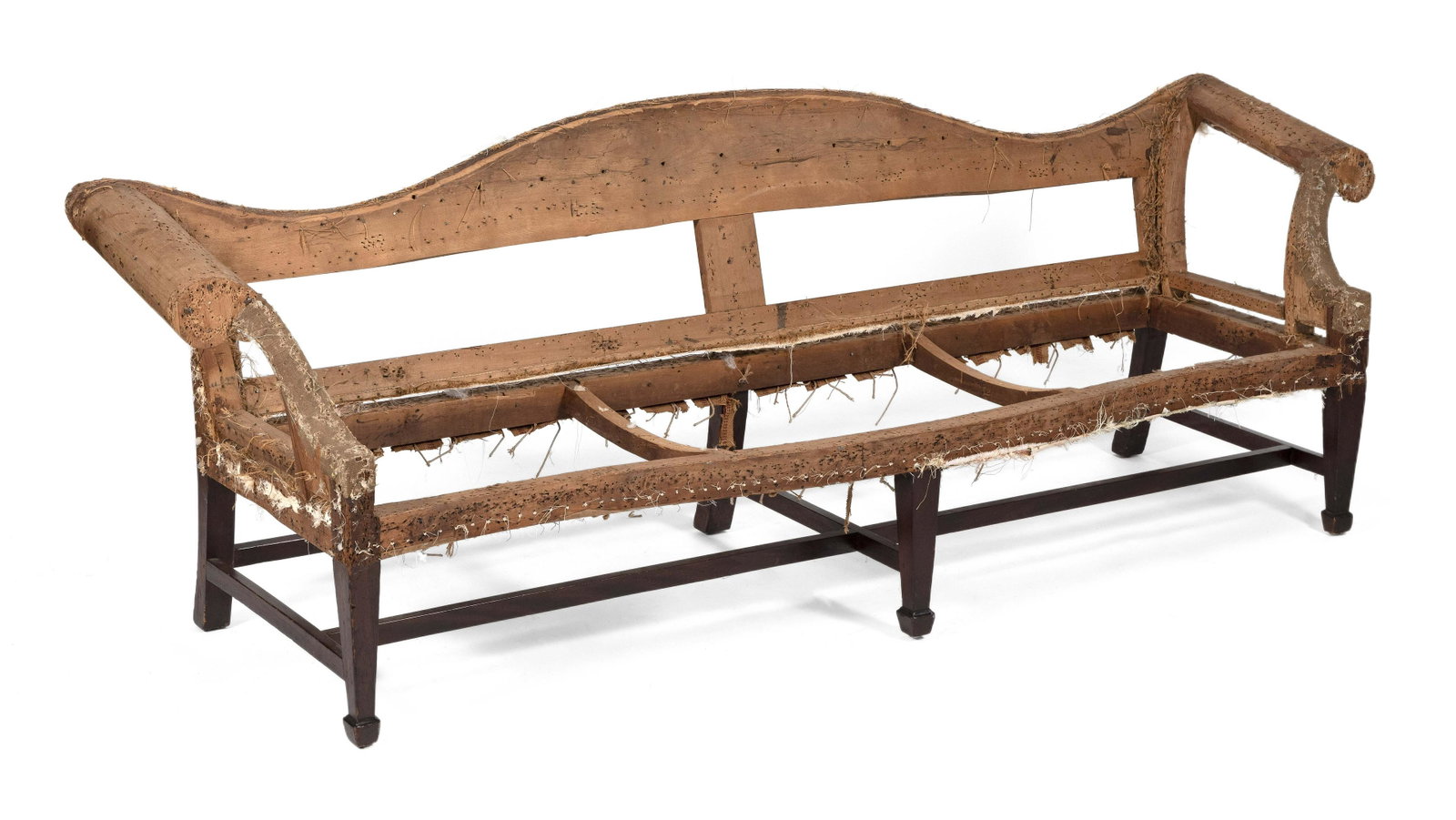 RARE FEDERAL CAMELBACK SOFA New York, Circa 1790 Back: RARE FEDERAL CAMELBACK SOFA New York, Circa 1790 Nicely arched back and bold scrolled-out arms. Mahogany H-stretcher, legs and tapered spade feet. Stripped of upholstery to expose original frame. Back