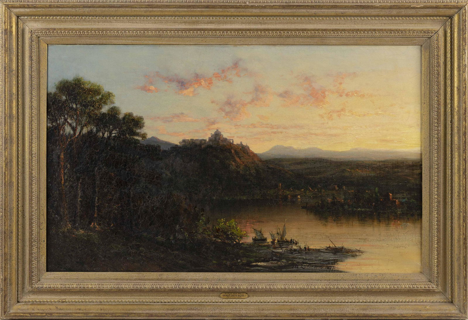 GEORGE LORING BROWN (Massachusetts/New Hampshire,: GEORGE LORING BROWNMassachusetts/New Hampshire, , 1814-1889"'Twilight' Lake of Albano near Rome". Titled verso and signed "Painted by Geo. Loring Brown 1877".Oil on canvas, 22"