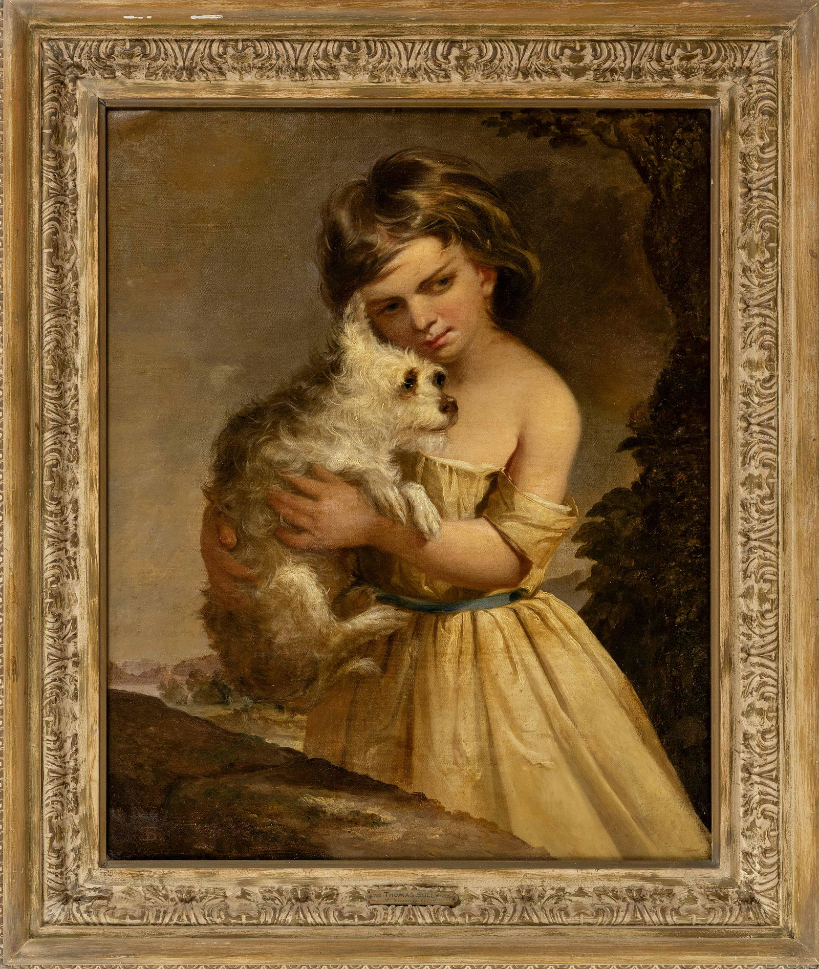 ATTRIBUTED TO THOMAS SULLY (Pennsylvania/England,: ATTRIBUTED TO THOMAS SULLYPennsylvania/England, 1783-1872Portrait of a young girl holding a dog. Girl with brown hair and eyes wearing a white dress with blue sash. Monogrammed lower left "TS&quo